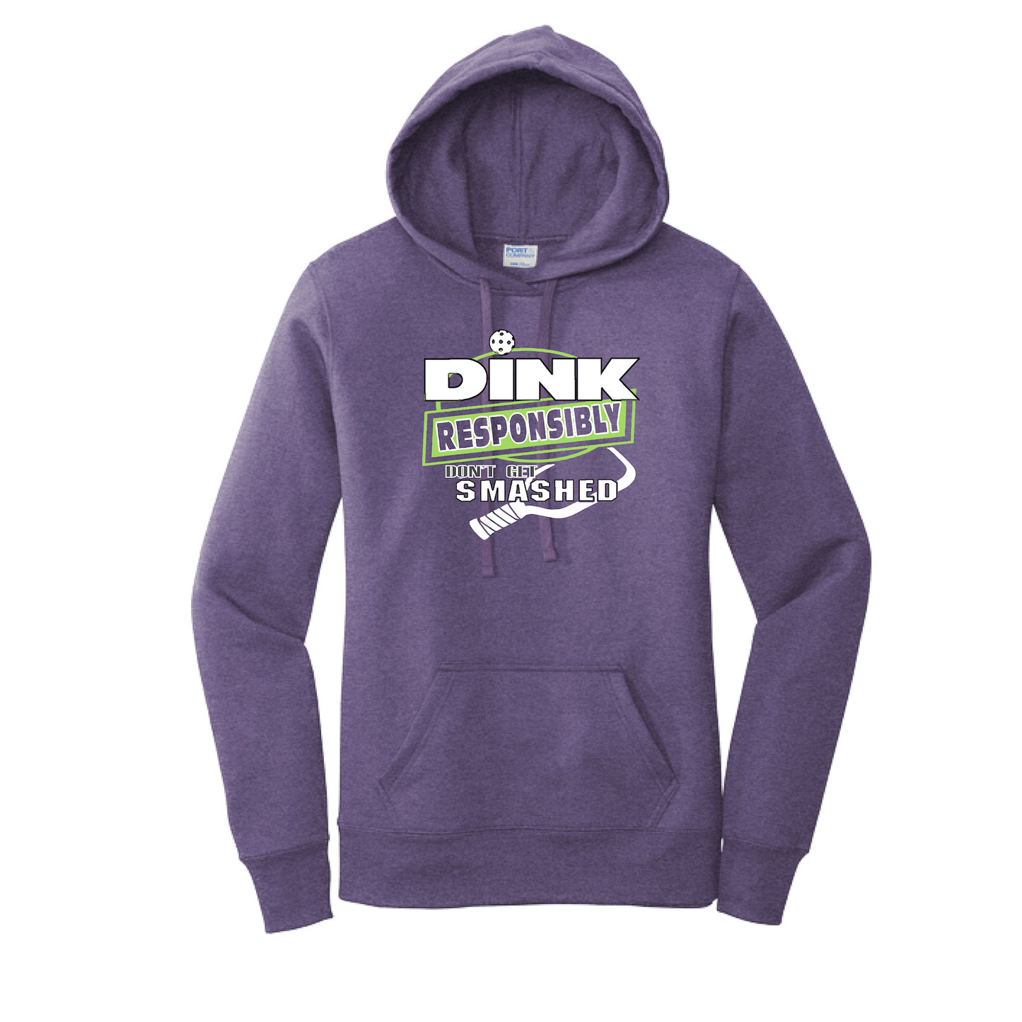 Pickleball Design: Dink Responsibly - Don't Get Smashed  Women's Hooded pullover Sweatshirt: 50/50 Cotton/Poly fleece.  Turn up the volume in this Women's Sweatshirts with its perfect mix of softness and attitude. Ultra soft lined inside with a lined hood also. This is fitted nicely for a women's figure. Front pouch pocket.