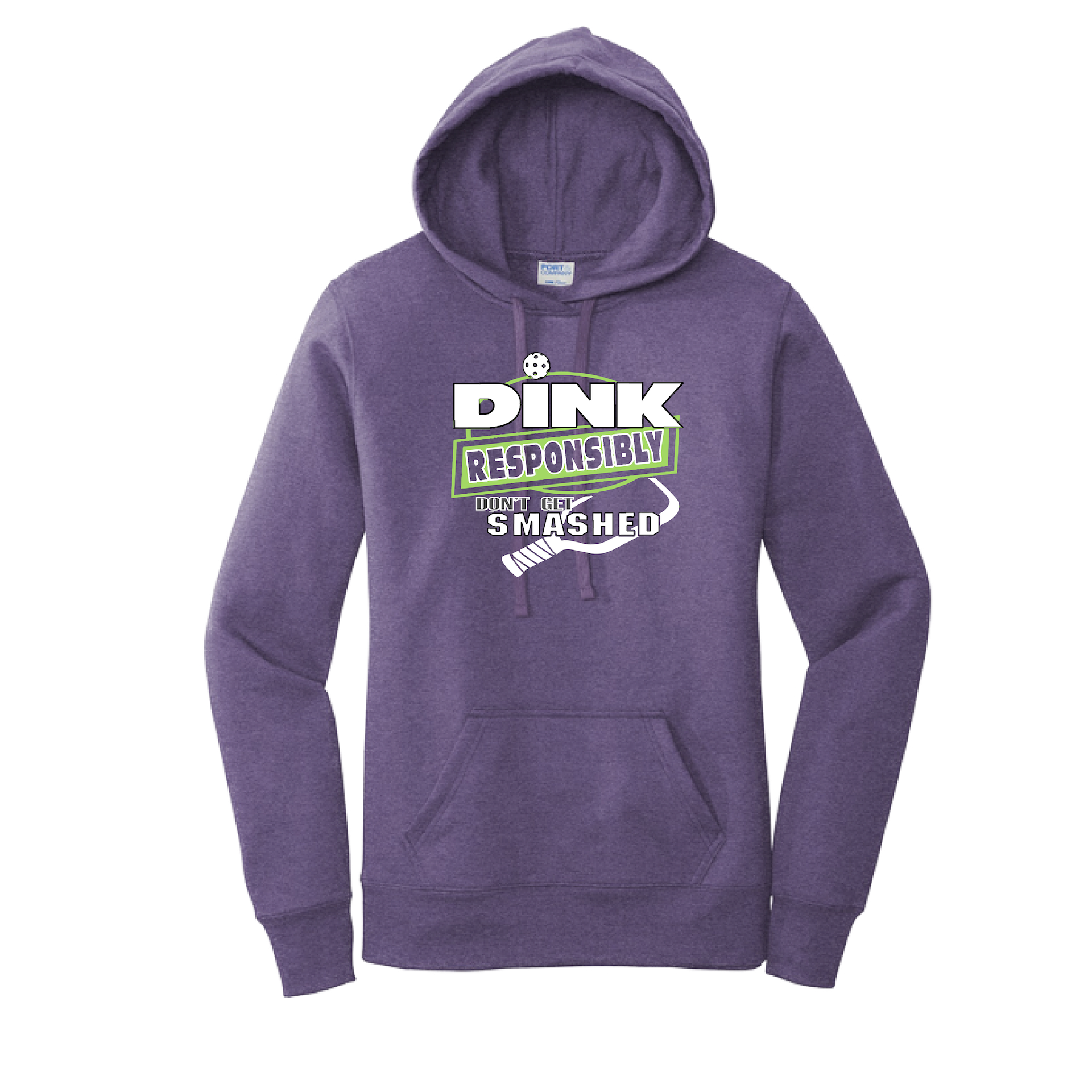 Pickleball Design: Dink Responsibly - Don't Get Smashed  Women's Hooded pullover Sweatshirt: 50/50 Cotton/Poly fleece.  Turn up the volume in this Women's Sweatshirts with its perfect mix of softness and attitude. Ultra soft lined inside with a lined hood also. This is fitted nicely for a women's figure. Front pouch pocket.