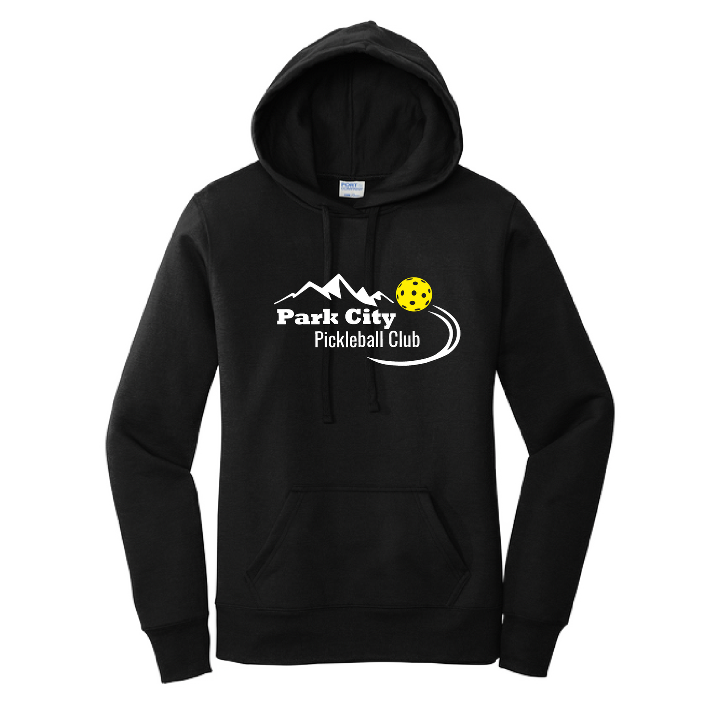 Pickleball Design: Park City Pickleball Club-White Word - Yellow Ball  Women's Hooded pullover Sweatshirt: 50/50 Cotton/Poly fleece.  Turn up the volume in this Women's Sweatshirts with its perfect mix of softness and attitude. Ultra soft lined inside with a lined hood also. This is fitted nicely for a women's figure. Front pouch pocket.