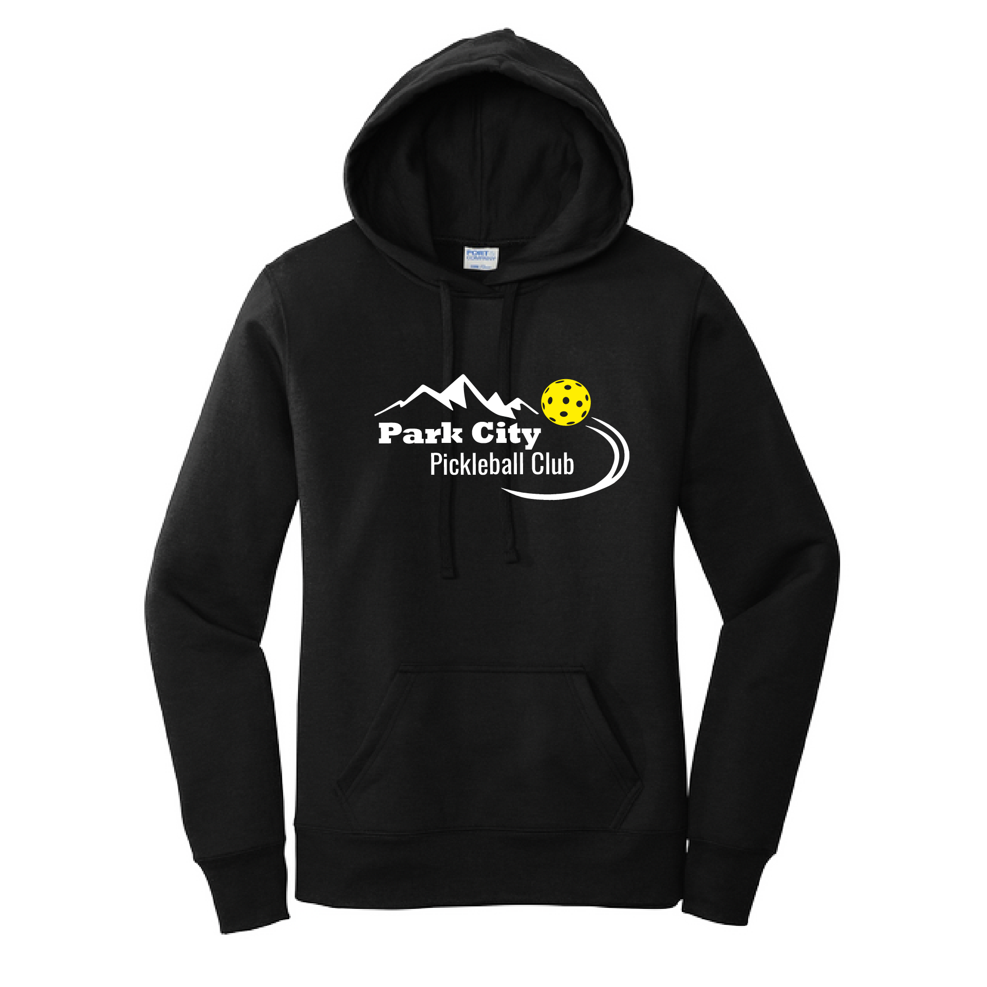 Pickleball Design: Park City Pickleball Club-White Word - Yellow Ball  Women's Hooded pullover Sweatshirt: 50/50 Cotton/Poly fleece.  Turn up the volume in this Women's Sweatshirts with its perfect mix of softness and attitude. Ultra soft lined inside with a lined hood also. This is fitted nicely for a women's figure. Front pouch pocket.