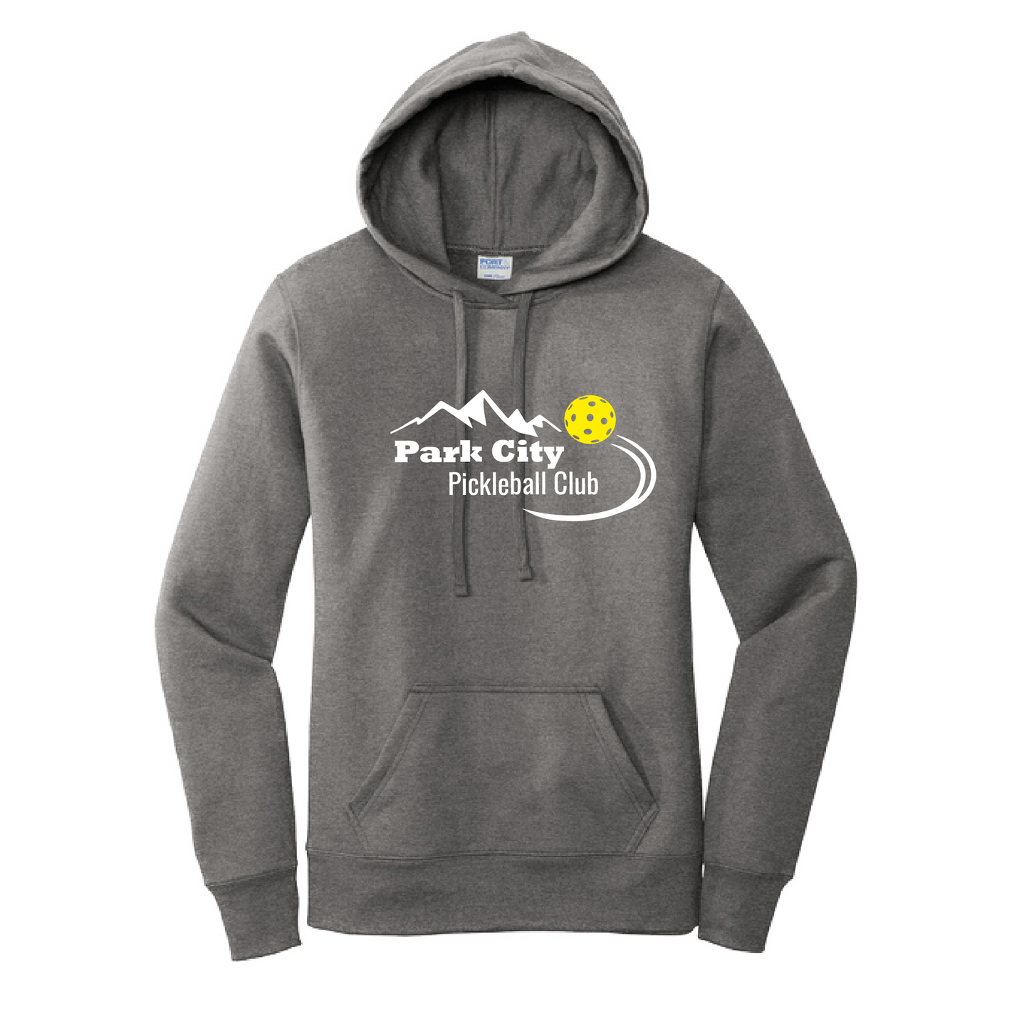 Pickleball Design: Park City Pickleball Club-White Word - Yellow Ball  Women's Hooded pullover Sweatshirt: 50/50 Cotton/Poly fleece.  Turn up the volume in this Women's Sweatshirts with its perfect mix of softness and attitude. Ultra soft lined inside with a lined hood also. This is fitted nicely for a women's figure. Front pouch pocket.