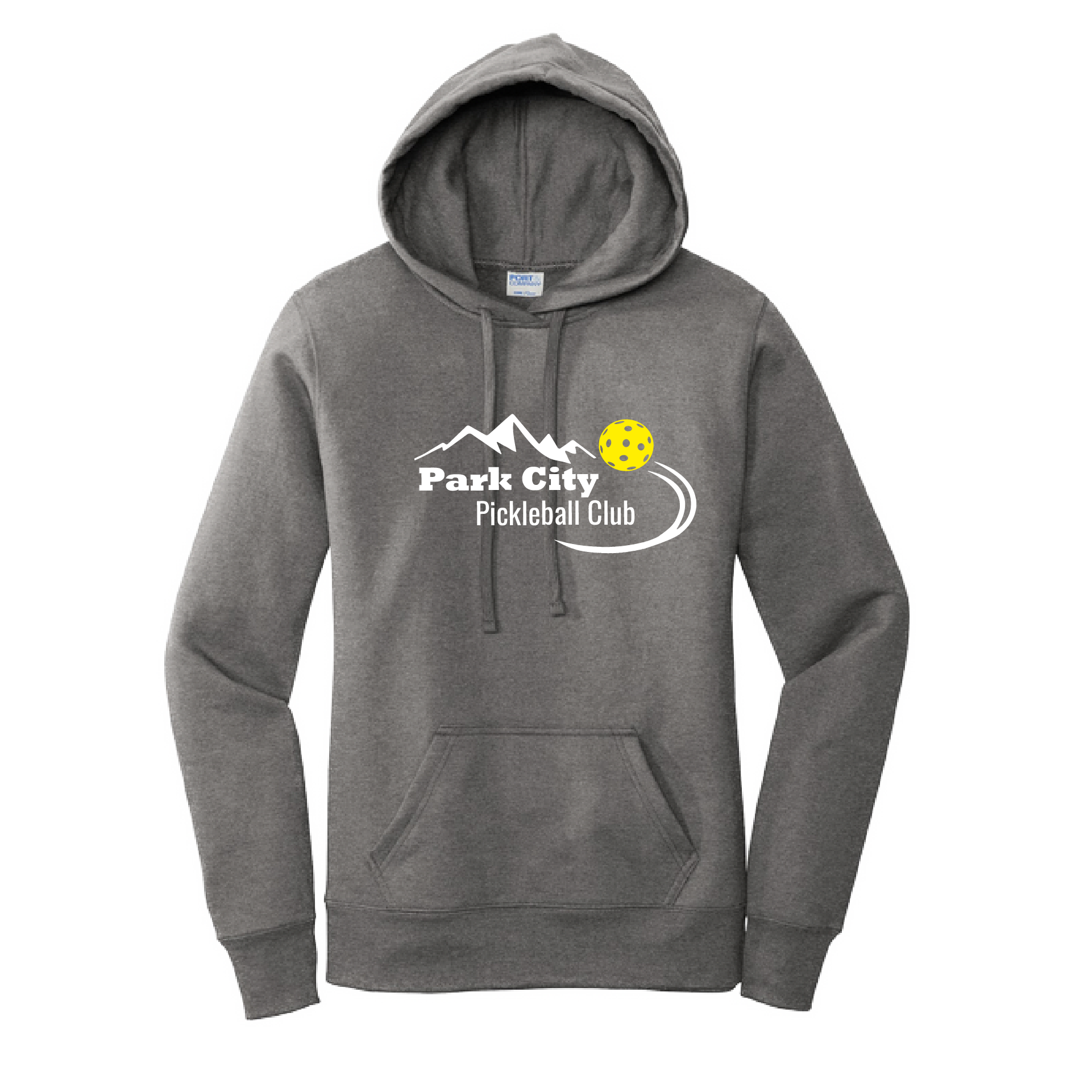 Pickleball Design: Park City Pickleball Club-White Word - Yellow Ball  Women's Hooded pullover Sweatshirt: 50/50 Cotton/Poly fleece.  Turn up the volume in this Women's Sweatshirts with its perfect mix of softness and attitude. Ultra soft lined inside with a lined hood also. This is fitted nicely for a women's figure. Front pouch pocket.