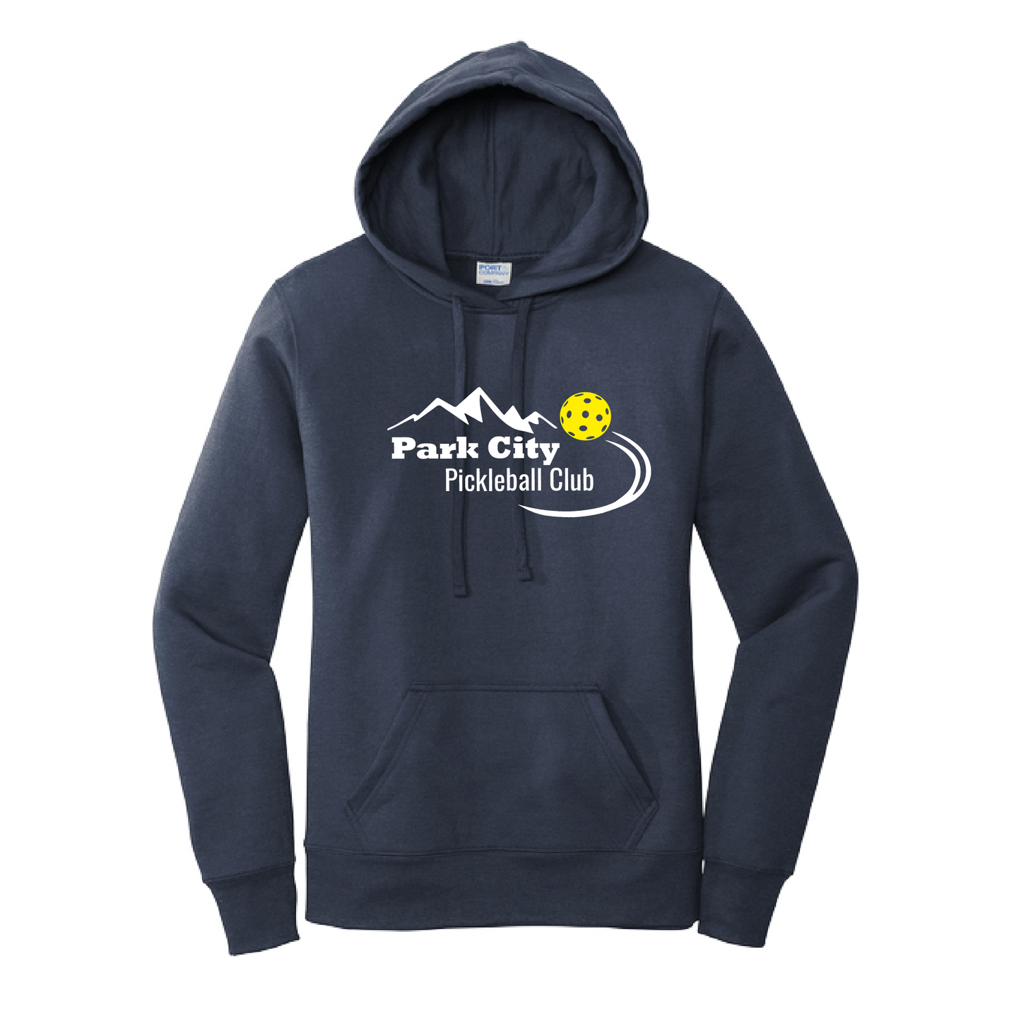 Pickleball Design: Park City Pickleball Club-White Word - Yellow Ball  Women's Hooded pullover Sweatshirt: 50/50 Cotton/Poly fleece.  Turn up the volume in this Women's Sweatshirts with its perfect mix of softness and attitude. Ultra soft lined inside with a lined hood also. This is fitted nicely for a women's figure. Front pouch pocket.