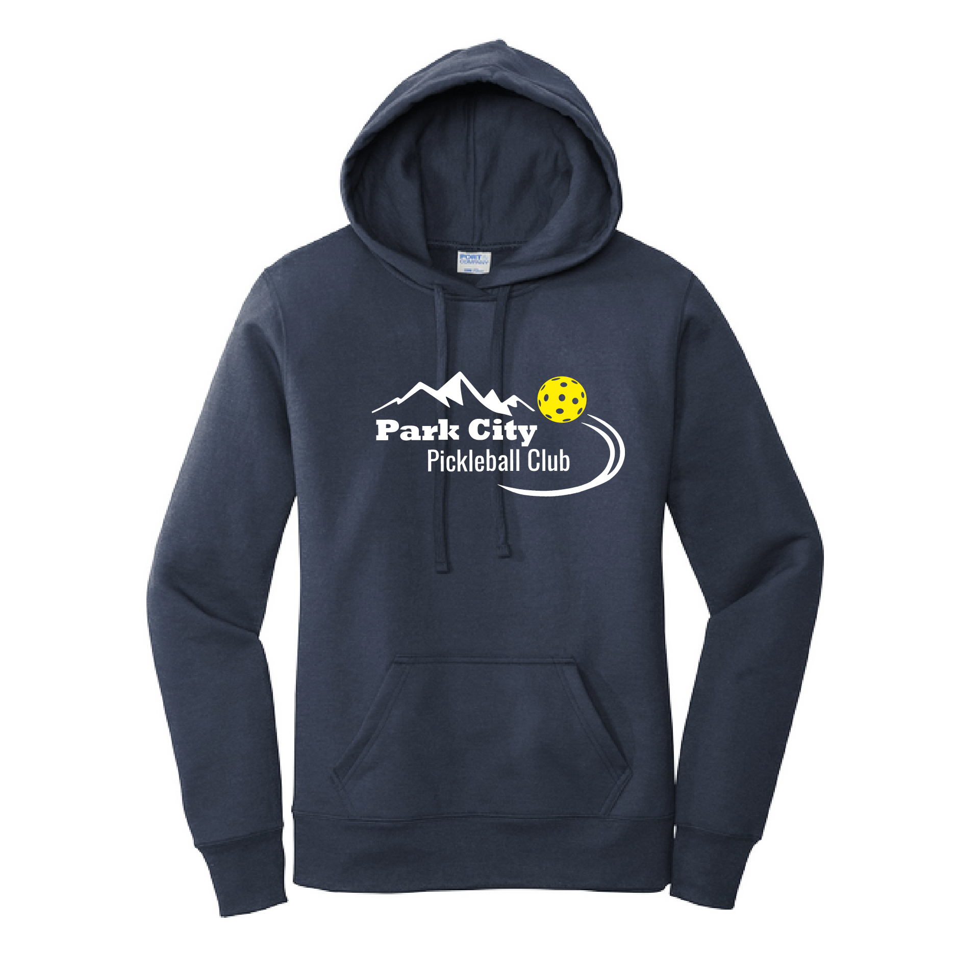 Pickleball Design: Park City Pickleball Club-White Word - Yellow Ball  Women's Hooded pullover Sweatshirt: 50/50 Cotton/Poly fleece.  Turn up the volume in this Women's Sweatshirts with its perfect mix of softness and attitude. Ultra soft lined inside with a lined hood also. This is fitted nicely for a women's figure. Front pouch pocket.