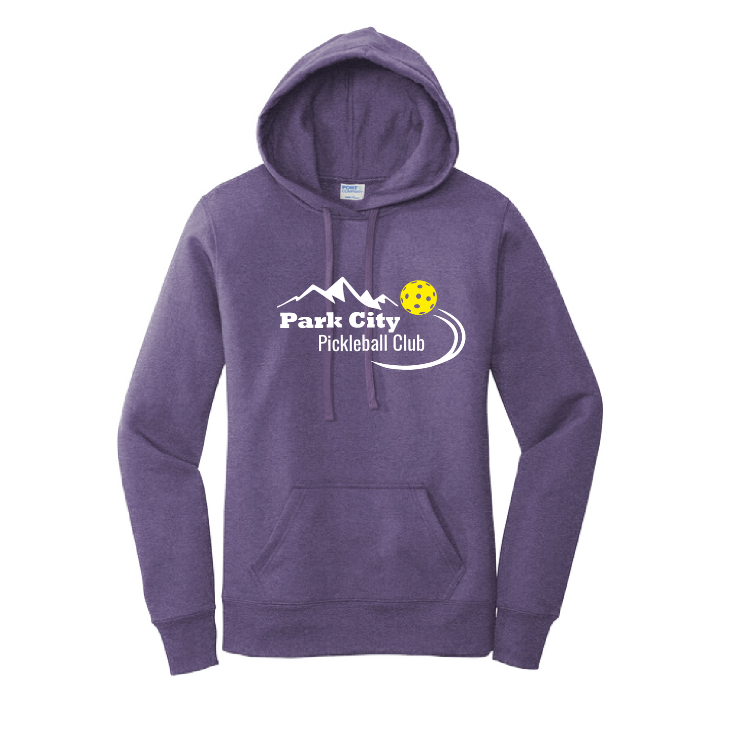 Pickleball Design: Park City Pickleball Club-White Word - Yellow Ball  Women's Hooded pullover Sweatshirt: 50/50 Cotton/Poly fleece.  Turn up the volume in this Women's Sweatshirts with its perfect mix of softness and attitude. Ultra soft lined inside with a lined hood also. This is fitted nicely for a women's figure. Front pouch pocket.