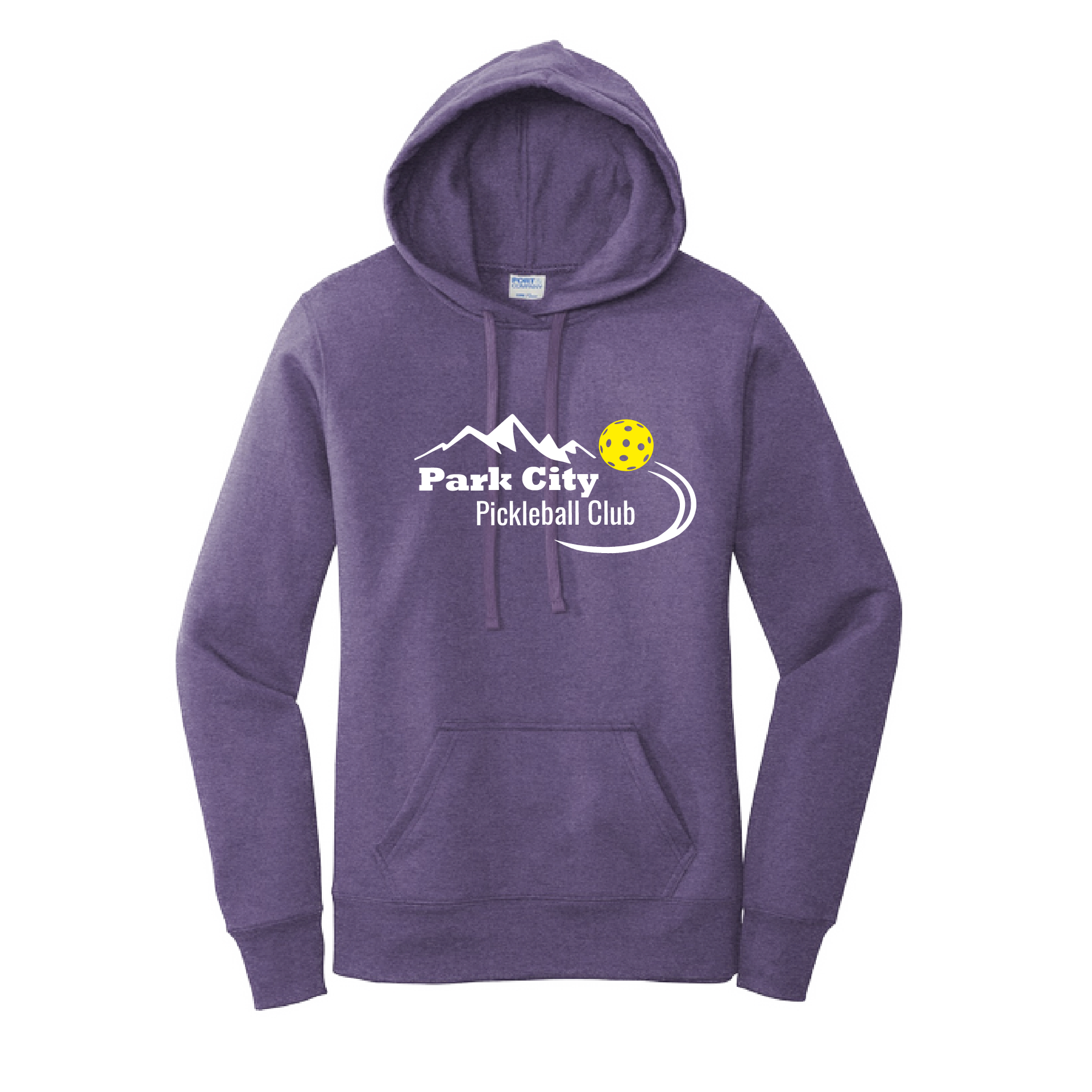 Pickleball Design: Park City Pickleball Club-White Word - Yellow Ball  Women's Hooded pullover Sweatshirt: 50/50 Cotton/Poly fleece.  Turn up the volume in this Women's Sweatshirts with its perfect mix of softness and attitude. Ultra soft lined inside with a lined hood also. This is fitted nicely for a women's figure. Front pouch pocket.