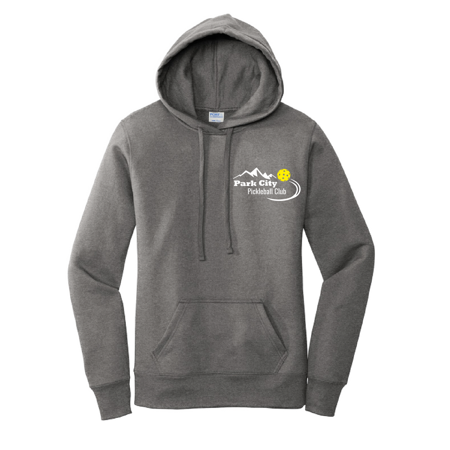 Pickleball Design: Park City Pickleball Club-White Word - Yellow Ball  Women's Hooded pullover Sweatshirt: 50/50 Cotton/Poly fleece.  Turn up the volume in this Women's Sweatshirts with its perfect mix of softness and attitude. Ultra soft lined inside with a lined hood also. This is fitted nicely for a women's figure. Front pouch pocket.