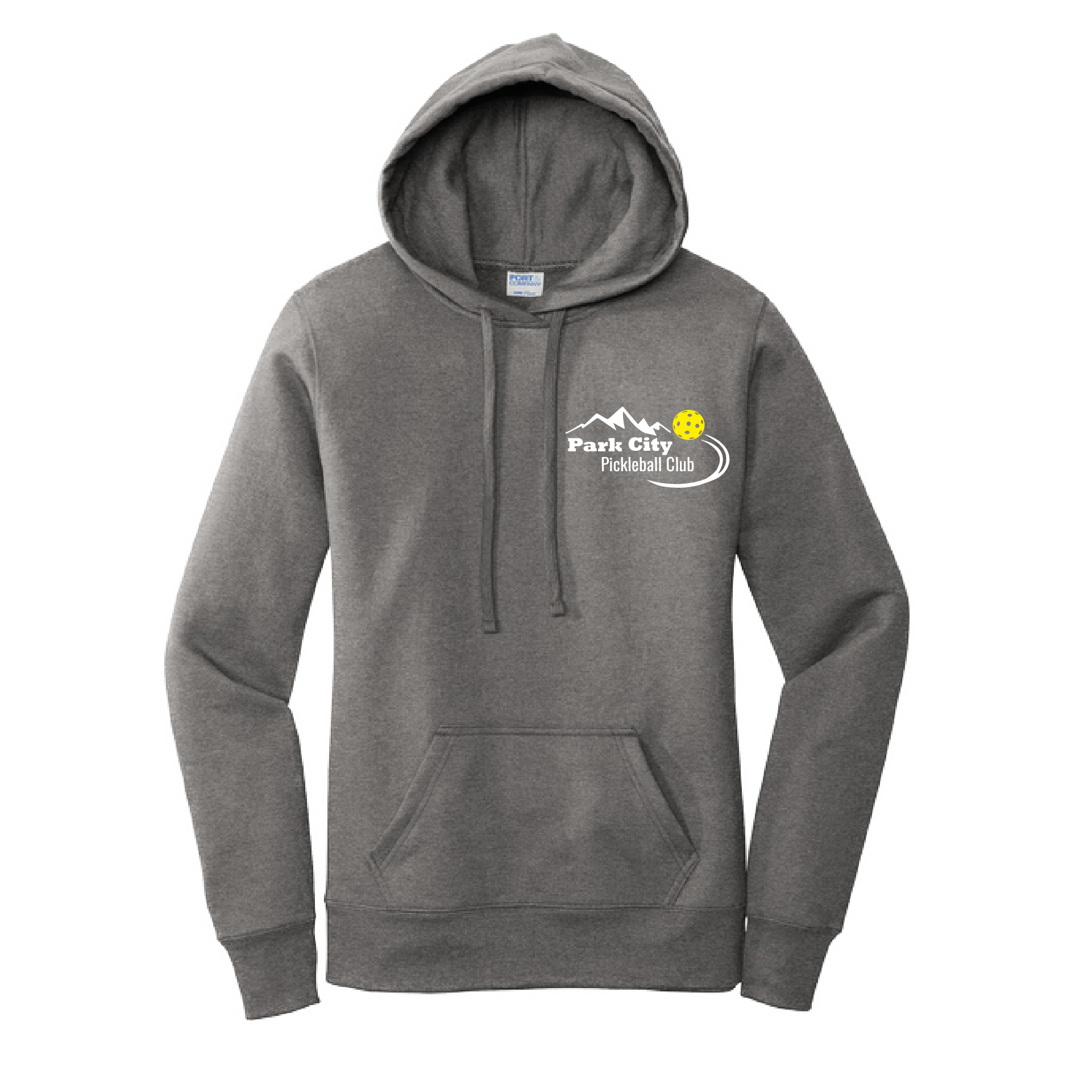 Pickleball Design: Park City Pickleball Club-White Word - Yellow Ball  Women's Hooded pullover Sweatshirt: 50/50 Cotton/Poly fleece.  Turn up the volume in this Women's Sweatshirts with its perfect mix of softness and attitude. Ultra soft lined inside with a lined hood also. This is fitted nicely for a women's figure. Front pouch pocket.