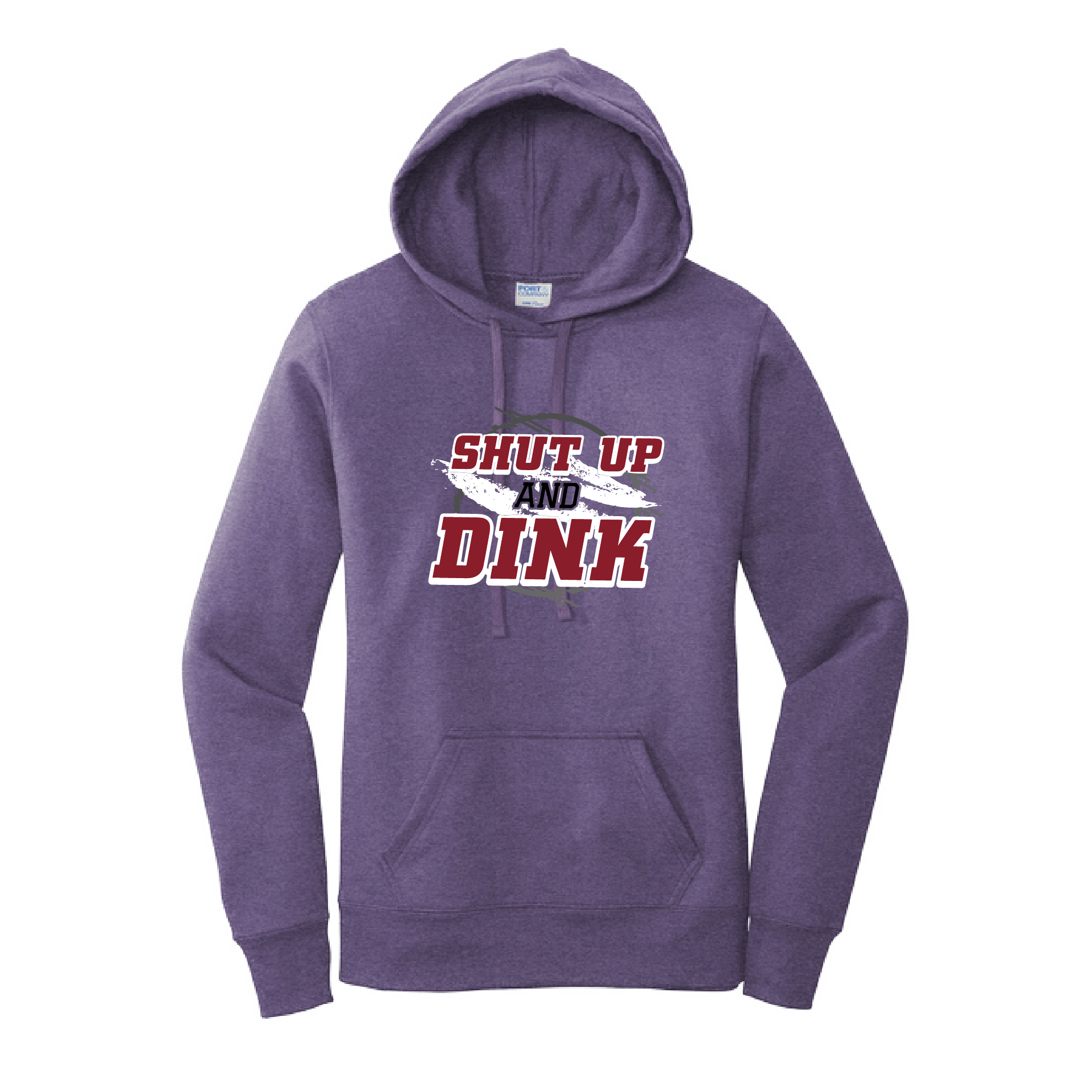 Pickleball Design: Shut Up and Dink  Women's Hooded pullover Sweatshirt  Turn up the volume in this Women's Sweatshirts with its perfect mix of softness and attitude. Ultra soft lined inside with a lined hood also. This is fitted nicely for a women's figure. Front pouch pocket.