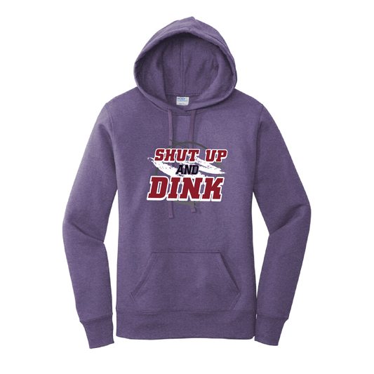 Pickleball Design: Shut Up and Dink  Women's Hooded pullover Sweatshirt  Turn up the volume in this Women's Sweatshirts with its perfect mix of softness and attitude. Ultra soft lined inside with a lined hood also. This is fitted nicely for a women's figure. Front pouch pocket.