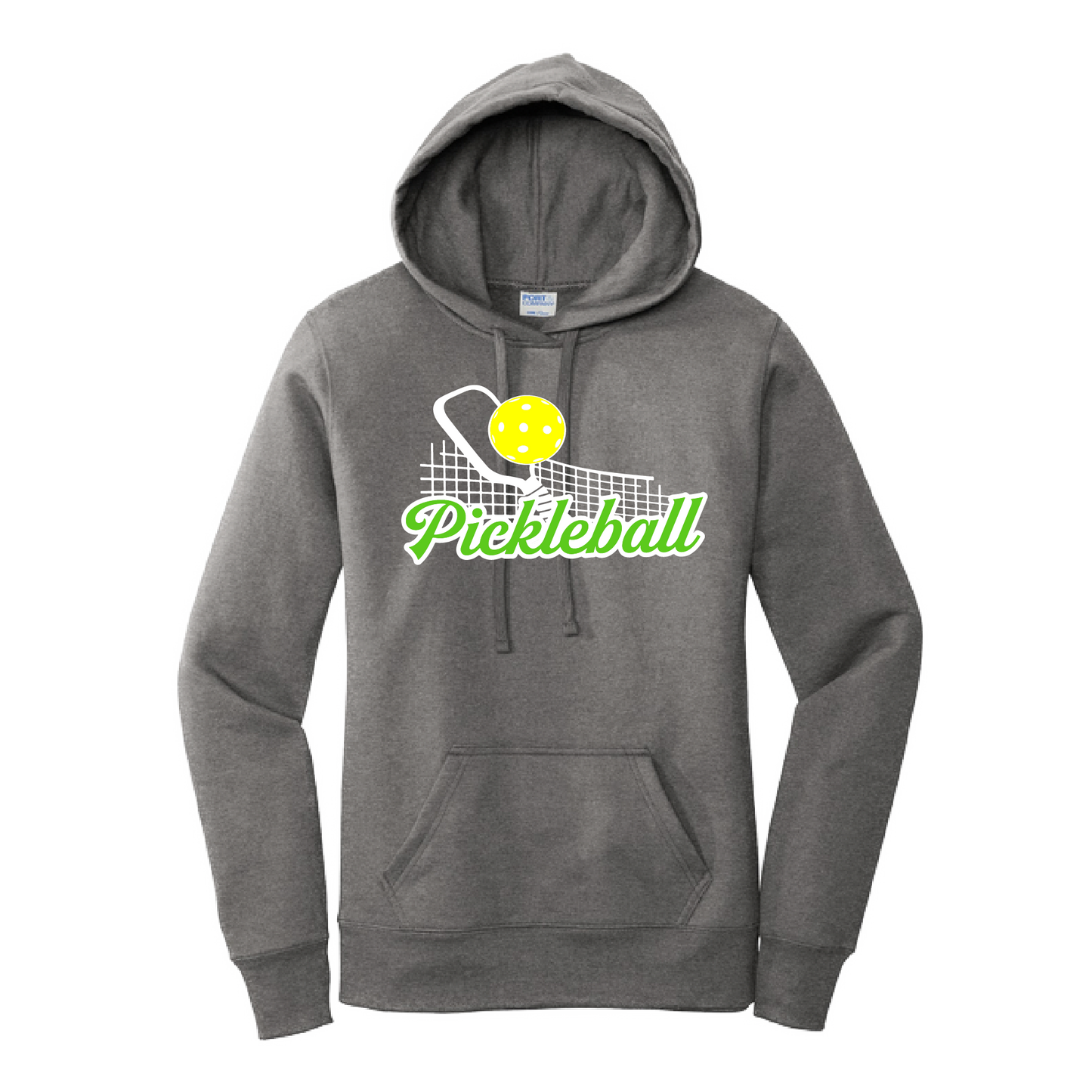 Pickleball Design: Pickleball and Net  Women's Hooded pullover Sweatshirt  Turn up the volume in this Women's Sweatshirts with its perfect mix of softness and attitude. Ultra soft lined inside with a lined hood also. This is fitted nicely for a women's figure. Front pouch pocket.