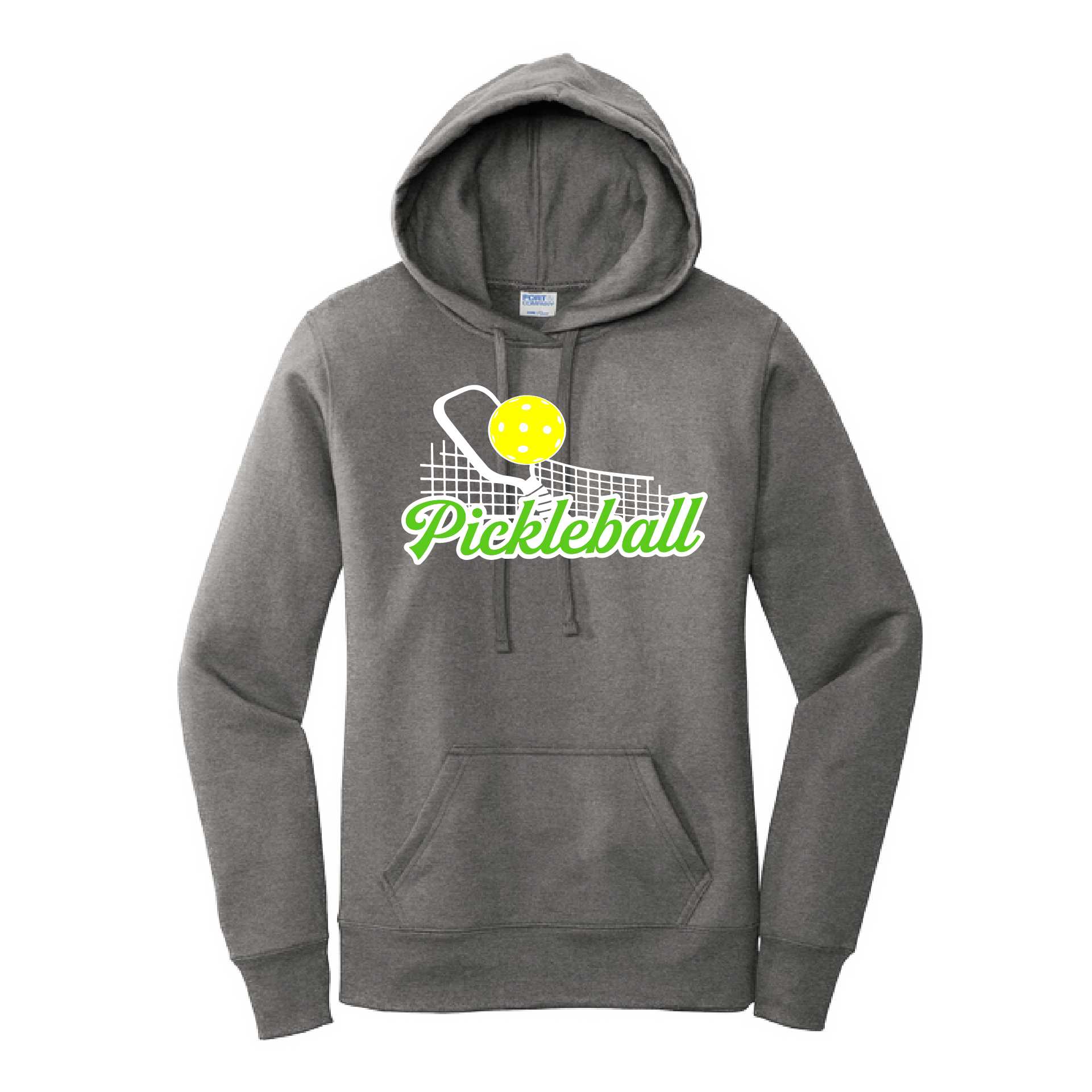 Pickleball Design: Pickleball and Net  Women's Hooded pullover Sweatshirt  Turn up the volume in this Women's Sweatshirts with its perfect mix of softness and attitude. Ultra soft lined inside with a lined hood also. This is fitted nicely for a women's figure. Front pouch pocket.