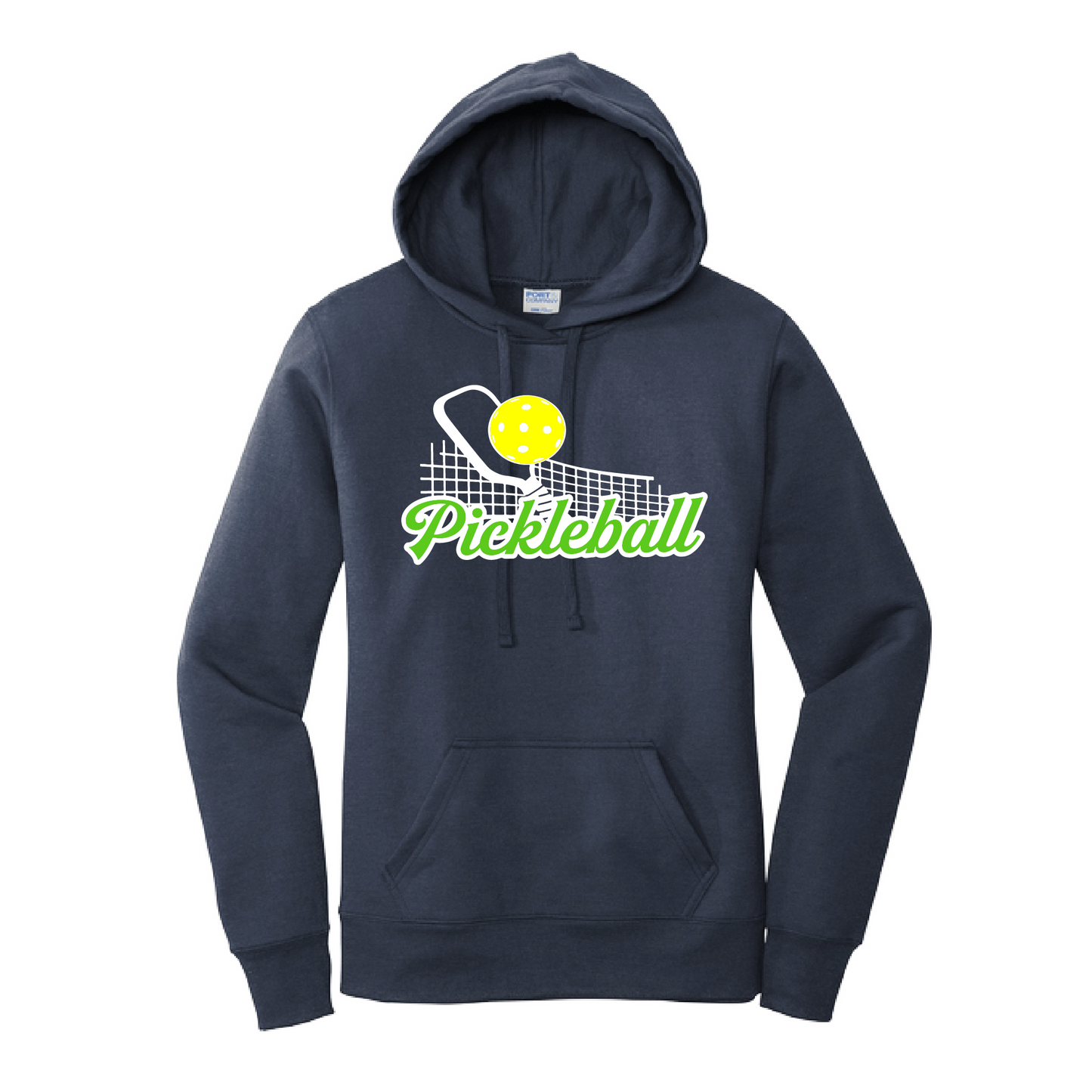 Pickleball Design: Pickleball and Net  Women's Hooded pullover Sweatshirt  Turn up the volume in this Women's Sweatshirts with its perfect mix of softness and attitude. Ultra soft lined inside with a lined hood also. This is fitted nicely for a women's figure. Front pouch pocket.