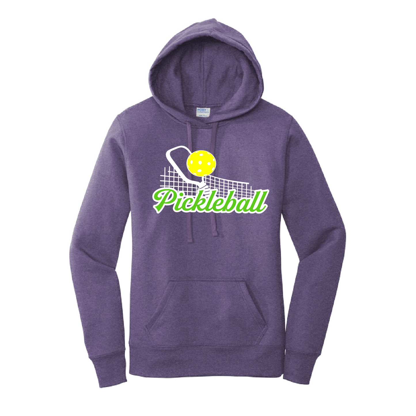 Pickleball Design: Pickleball and Net  Women's Hooded pullover Sweatshirt  Turn up the volume in this Women's Sweatshirts with its perfect mix of softness and attitude. Ultra soft lined inside with a lined hood also. This is fitted nicely for a women's figure. Front pouch pocket.