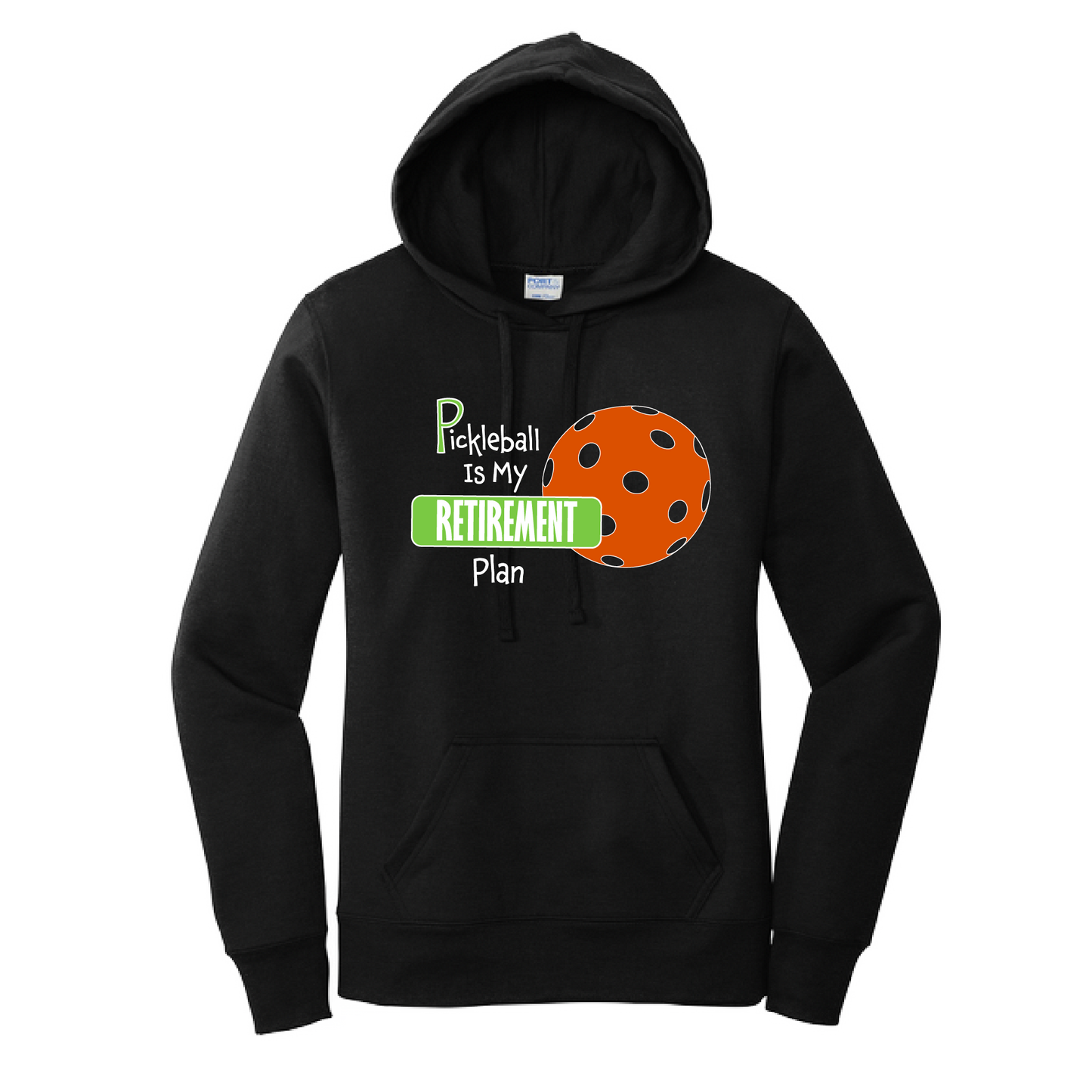 Pickleball Design: Pickleball is my Retirement plan  Women's Hooded pullover Sweatshirt  Turn up the volume in this Women's Sweatshirts with its perfect mix of softness and attitude. Ultra soft lined inside with a lined hood also. This is fitted nicely for a women's figure. Front pouch pocket.