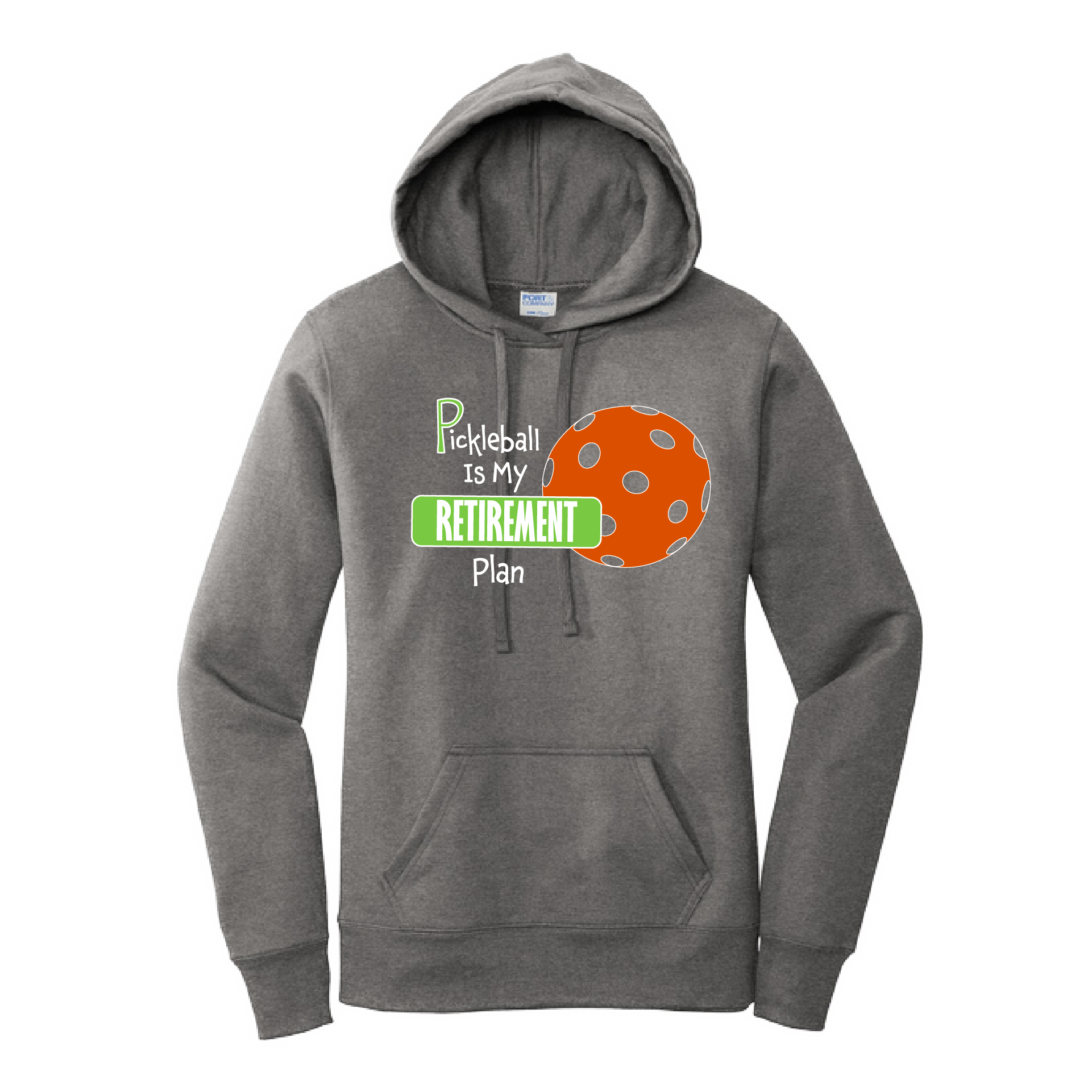 Pickleball Design: Pickleball is my Retirement plan  Women's Hooded pullover Sweatshirt  Turn up the volume in this Women's Sweatshirts with its perfect mix of softness and attitude. Ultra soft lined inside with a lined hood also. This is fitted nicely for a women's figure. Front pouch pocket.