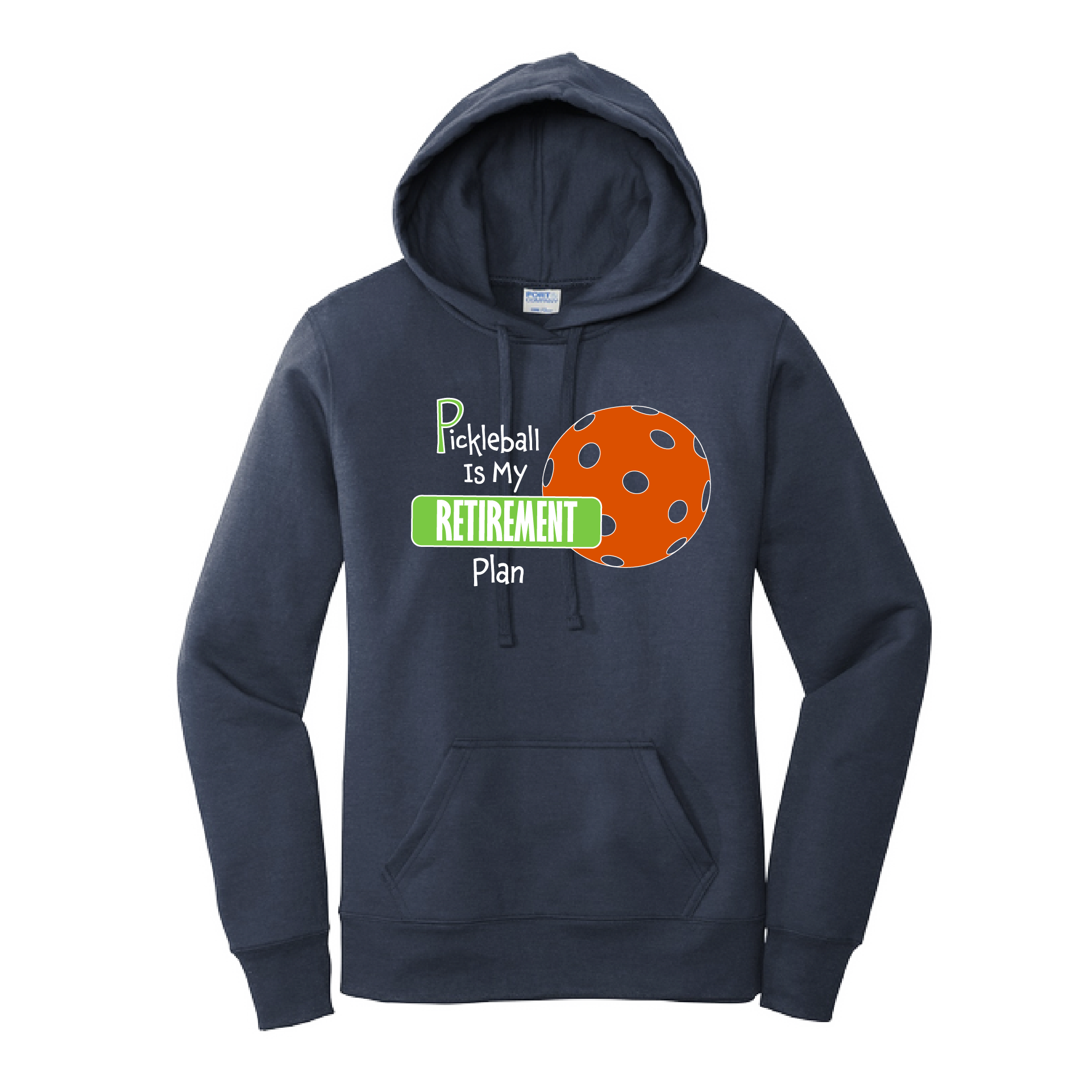 Pickleball Design: Pickleball is my Retirement plan  Women's Hooded pullover Sweatshirt  Turn up the volume in this Women's Sweatshirts with its perfect mix of softness and attitude. Ultra soft lined inside with a lined hood also. This is fitted nicely for a women's figure. Front pouch pocket.