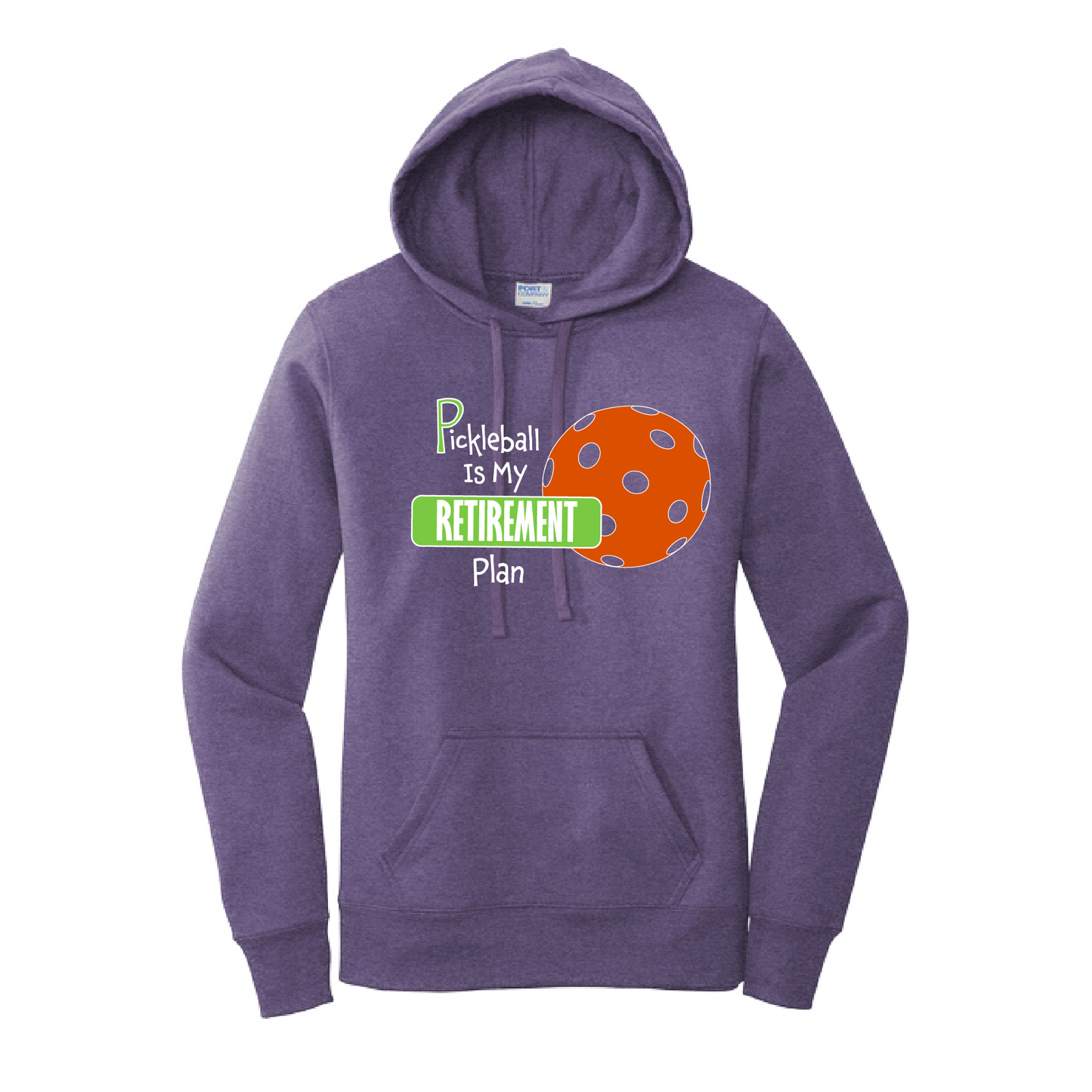 Pickleball Design: Pickleball is my Retirement plan  Women's Hooded pullover Sweatshirt  Turn up the volume in this Women's Sweatshirts with its perfect mix of softness and attitude. Ultra soft lined inside with a lined hood also. This is fitted nicely for a women's figure. Front pouch pocket.