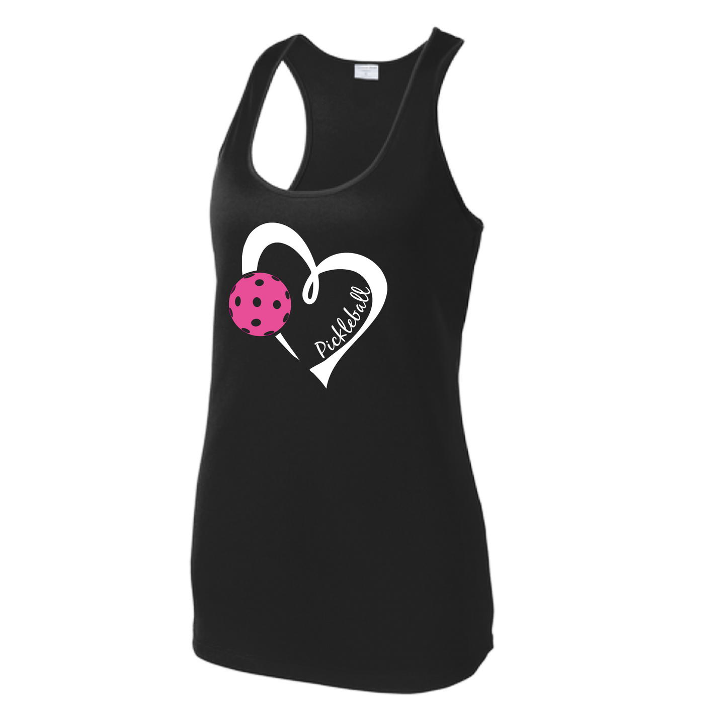 Pickleball Design: Heart with Pickleball  Women's Style: Racerback Tank  Turn up the volume in this Women's shirt with its perfect mix of softness and attitude. Material is ultra-comfortable with moisture wicking properties and tri-blend softness. PosiCharge technology locks in color. Highly breathable and lightweight.