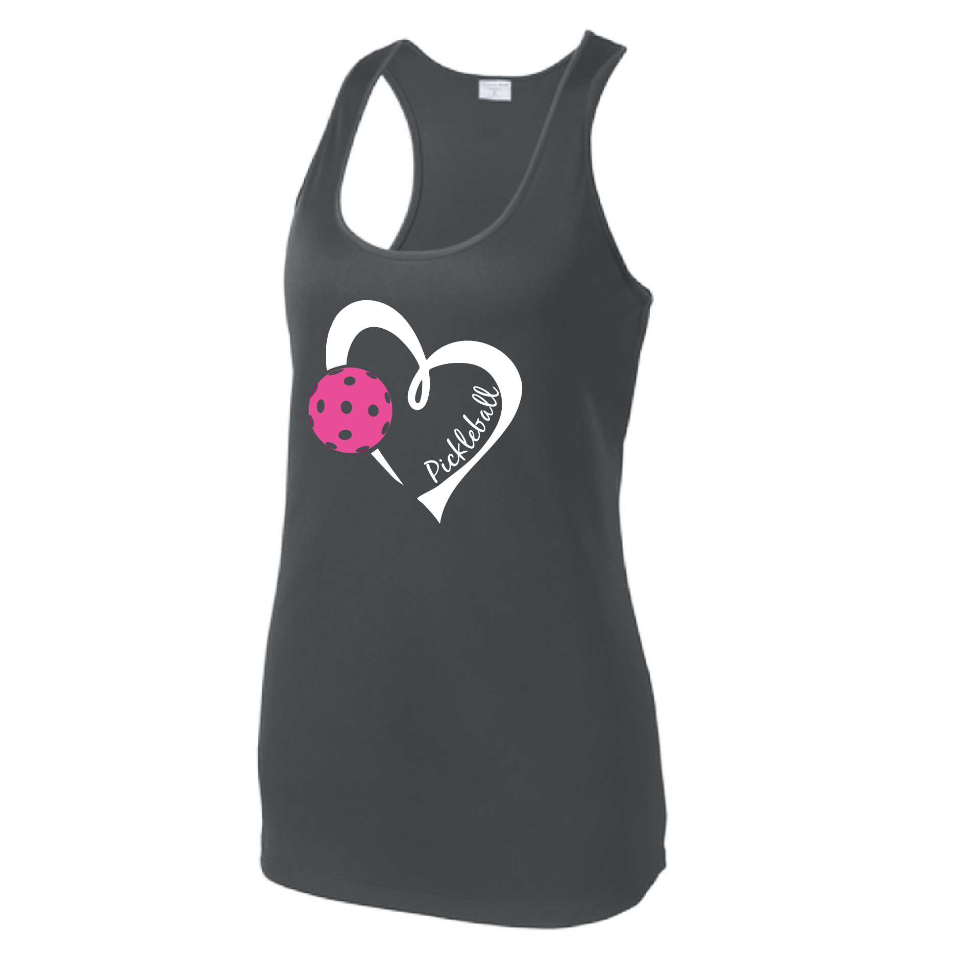 Pickleball Design: Heart with Pickleball  Women's Style: Racerback Tank  Turn up the volume in this Women's shirt with its perfect mix of softness and attitude. Material is ultra-comfortable with moisture wicking properties and tri-blend softness. PosiCharge technology locks in color. Highly breathable and lightweight.