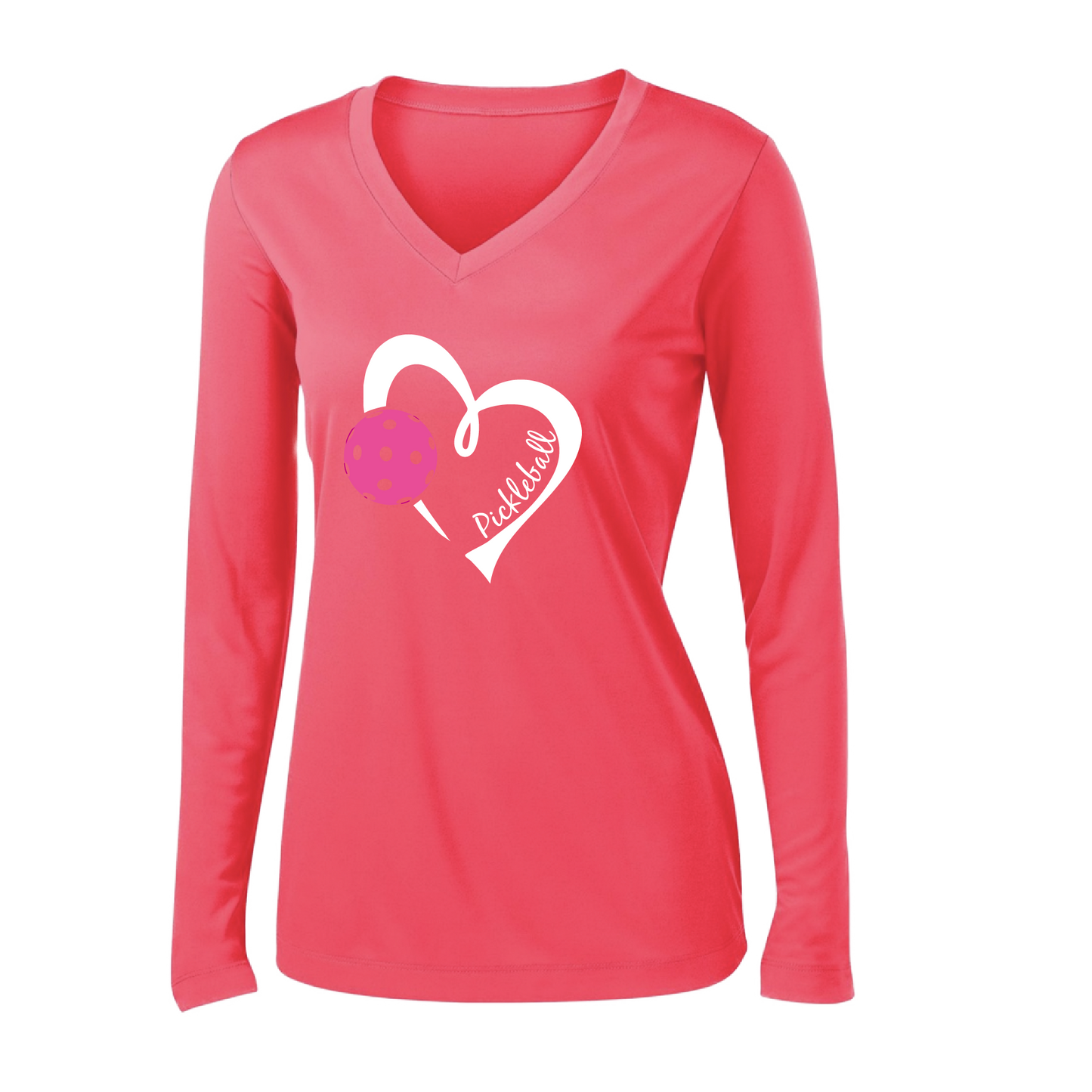 Pickleball Design: Heart with Pickleball  Women's Style: Long Sleeve V-Neck  Turn up the volume in this Women's shirt with its perfect mix of softness and attitude. Material is ultra-comfortable with moisture wicking properties and tri-blend softness. PosiCharge technology locks in color. Highly breathable and lightweight.