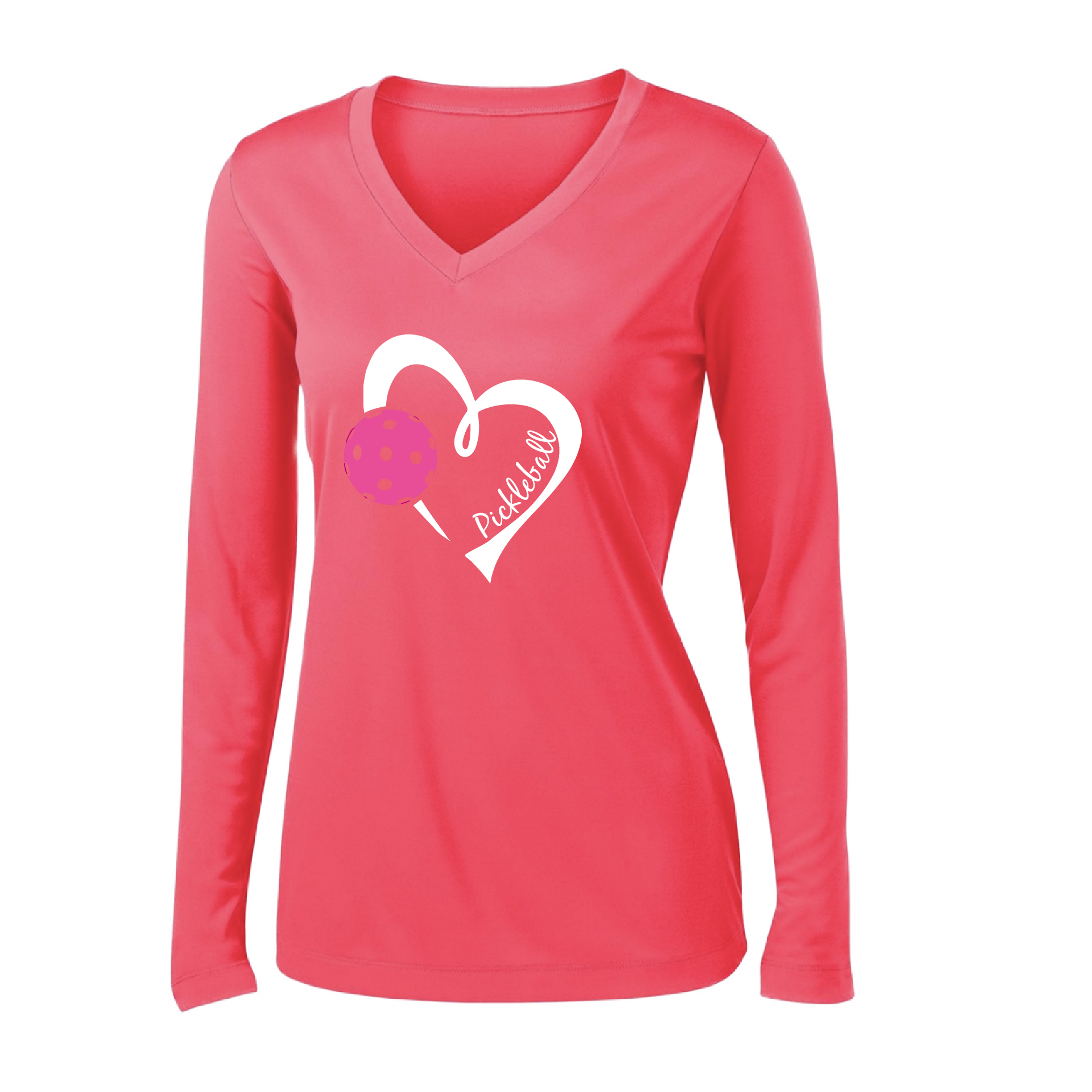 Pickleball Design: Heart with Pickleball  Women's Style: Long Sleeve V-Neck  Turn up the volume in this Women's shirt with its perfect mix of softness and attitude. Material is ultra-comfortable with moisture wicking properties and tri-blend softness. PosiCharge technology locks in color. Highly breathable and lightweight.