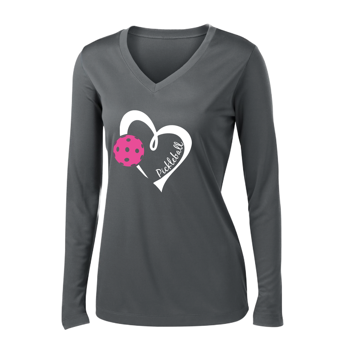 Pickleball Design: Heart with Pickleball  Women's Style: Long Sleeve V-Neck  Turn up the volume in this Women's shirt with its perfect mix of softness and attitude. Material is ultra-comfortable with moisture wicking properties and tri-blend softness. PosiCharge technology locks in color. Highly breathable and lightweight.