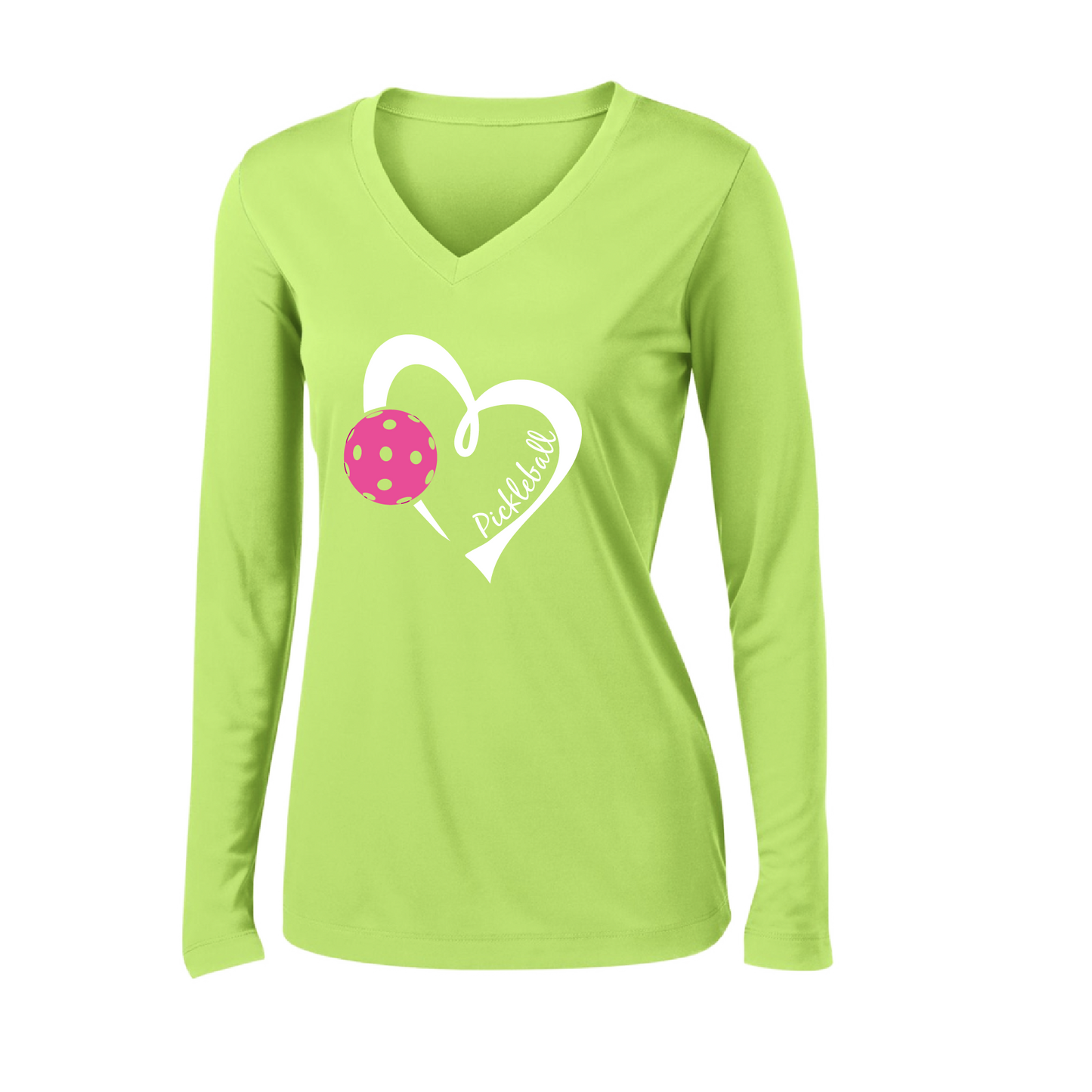 Pickleball Design: Heart with Pickleball  Women's Style: Long Sleeve V-Neck  Turn up the volume in this Women's shirt with its perfect mix of softness and attitude. Material is ultra-comfortable with moisture wicking properties and tri-blend softness. PosiCharge technology locks in color. Highly breathable and lightweight.