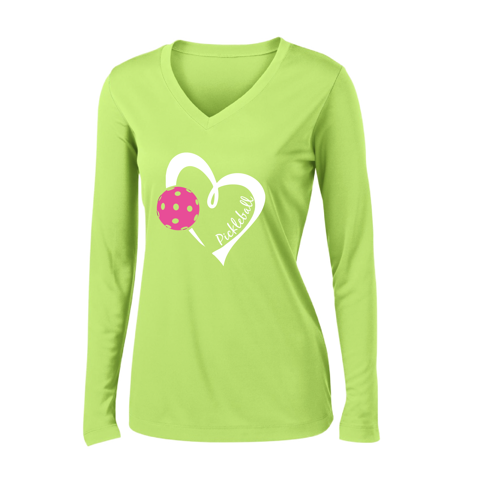 Pickleball Design: Heart with Pickleball  Women's Style: Long Sleeve V-Neck  Turn up the volume in this Women's shirt with its perfect mix of softness and attitude. Material is ultra-comfortable with moisture wicking properties and tri-blend softness. PosiCharge technology locks in color. Highly breathable and lightweight.