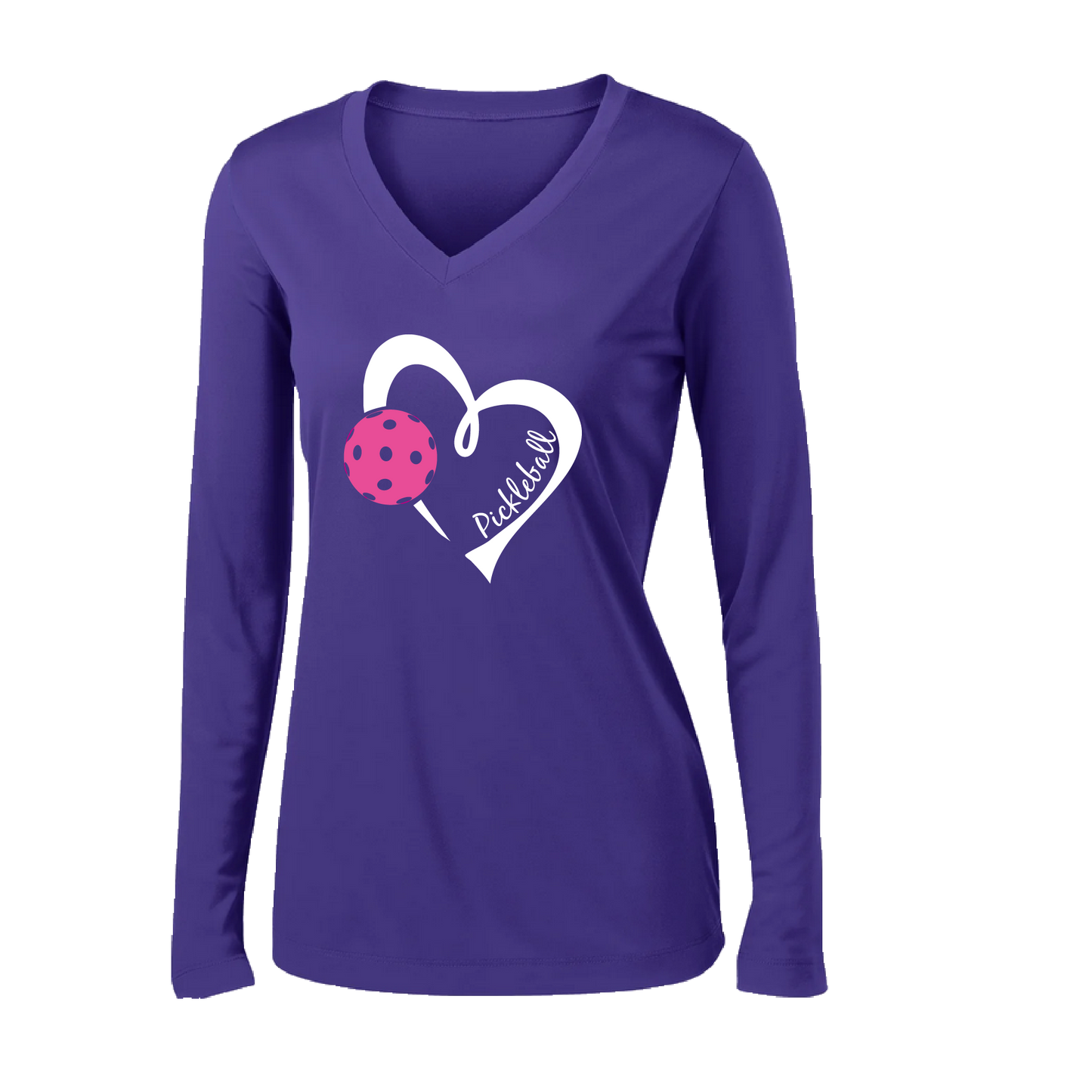 Pickleball Design: Heart with Pickleball  Women's Style: Long Sleeve V-Neck  Turn up the volume in this Women's shirt with its perfect mix of softness and attitude. Material is ultra-comfortable with moisture wicking properties and tri-blend softness. PosiCharge technology locks in color. Highly breathable and lightweight.