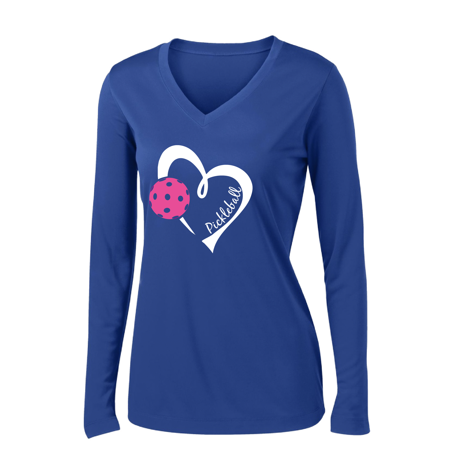 Pickleball Design: Heart with Pickleball  Women's Style: Long Sleeve V-Neck  Turn up the volume in this Women's shirt with its perfect mix of softness and attitude. Material is ultra-comfortable with moisture wicking properties and tri-blend softness. PosiCharge technology locks in color. Highly breathable and lightweight.