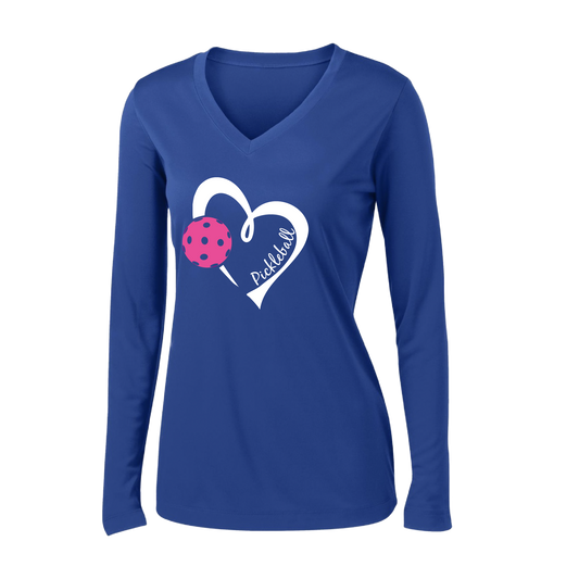Pickleball Design: Heart with Pickleball  Women's Style: Long Sleeve V-Neck  Turn up the volume in this Women's shirt with its perfect mix of softness and attitude. Material is ultra-comfortable with moisture wicking properties and tri-blend softness. PosiCharge technology locks in color. Highly breathable and lightweight.