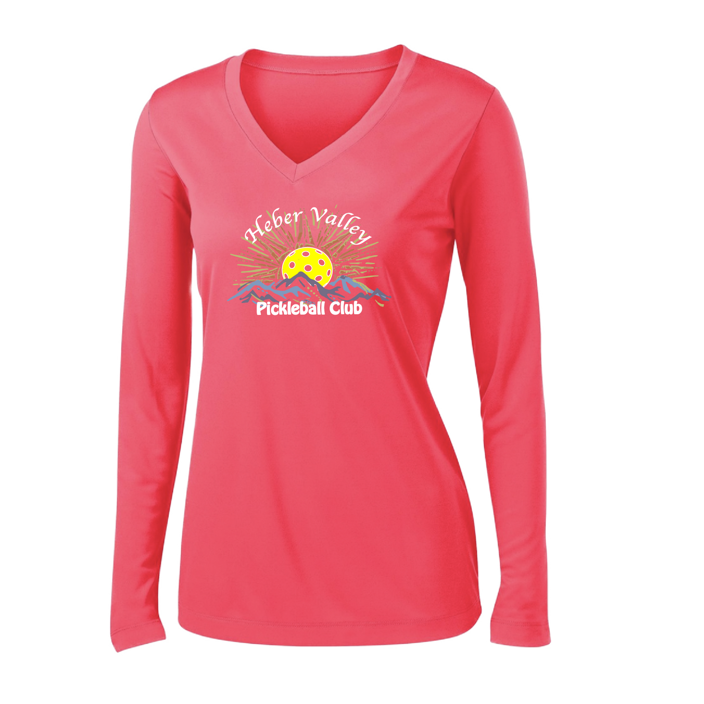 Pickleball Shirt Design: Heber Valley Pickleball Club   Women's Styles: Long Sleeve V-Neck  Turn up the volume in this Women's shirt with its perfect mix of softness and attitude. Material is ultra-comfortable with moisture wicking properties and tri-blend softness. PosiCharge technology locks in color. Highly breathable and lightweight.