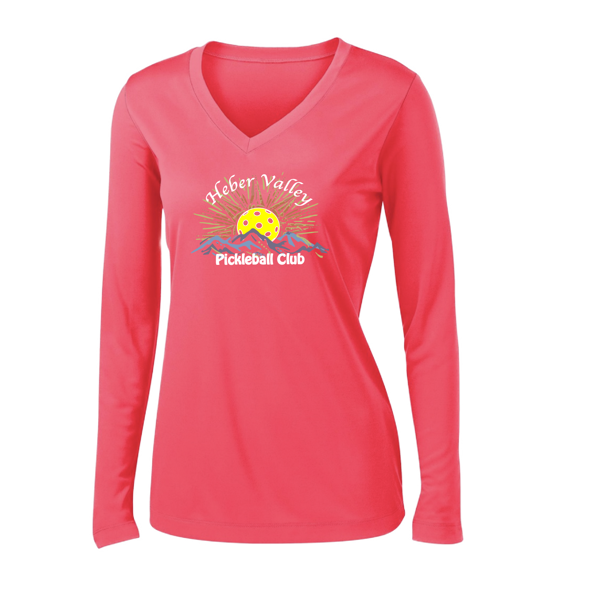 Pickleball Shirt Design: Heber Valley Pickleball Club   Women's Styles: Long Sleeve V-Neck  Turn up the volume in this Women's shirt with its perfect mix of softness and attitude. Material is ultra-comfortable with moisture wicking properties and tri-blend softness. PosiCharge technology locks in color. Highly breathable and lightweight.