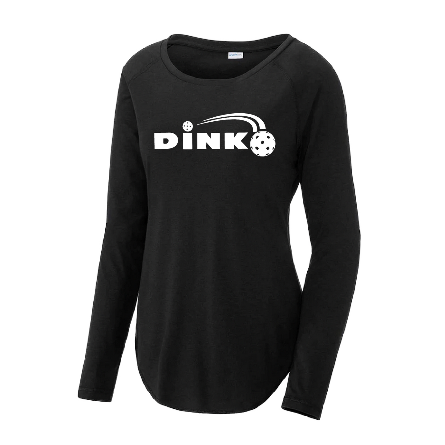 Pickleball Design: Dink  Women's Style: Long Sleeve Scoop-Neck  Turn up the volume in this Women's shirt with its perfect mix of softness and attitude. Material is ultra-comfortable with moisture wicking properties and tri-blend softness. PosiCharge technology locks in color. Highly breathable and lightweight.