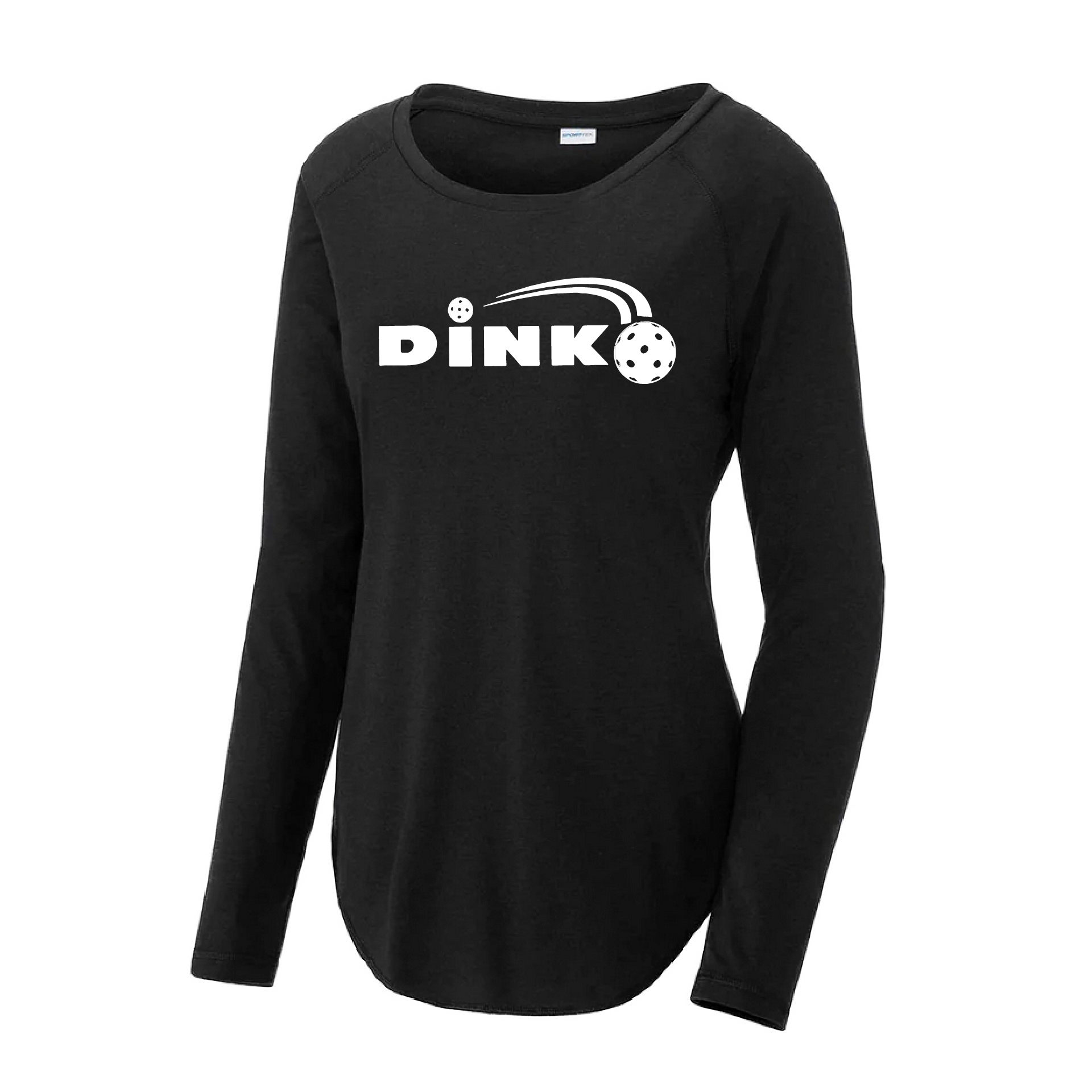 Pickleball Design: Dink  Women's Style: Long Sleeve Scoop-Neck  Turn up the volume in this Women's shirt with its perfect mix of softness and attitude. Material is ultra-comfortable with moisture wicking properties and tri-blend softness. PosiCharge technology locks in color. Highly breathable and lightweight.