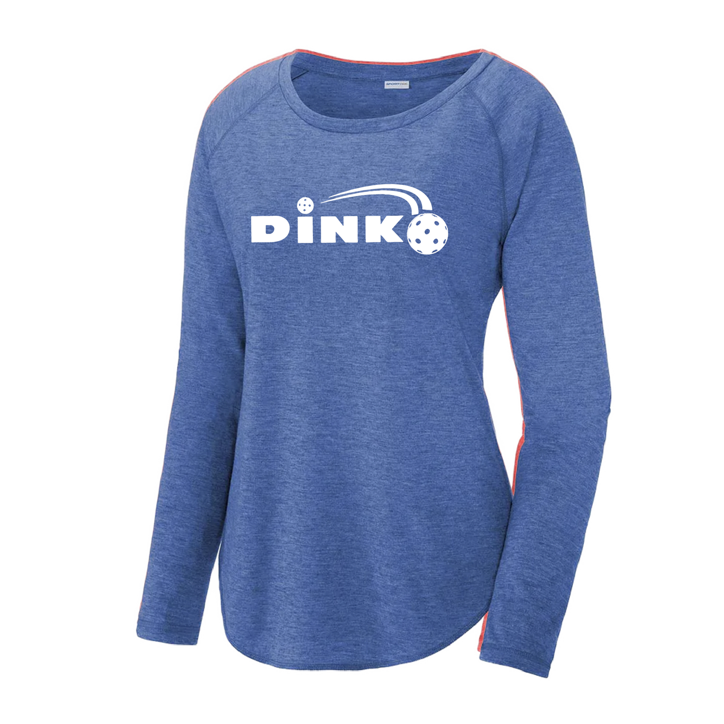 Pickleball Design: Dink  Women's Style: Long Sleeve Scoop-Neck  Turn up the volume in this Women's shirt with its perfect mix of softness and attitude. Material is ultra-comfortable with moisture wicking properties and tri-blend softness. PosiCharge technology locks in color. Highly breathable and lightweight.