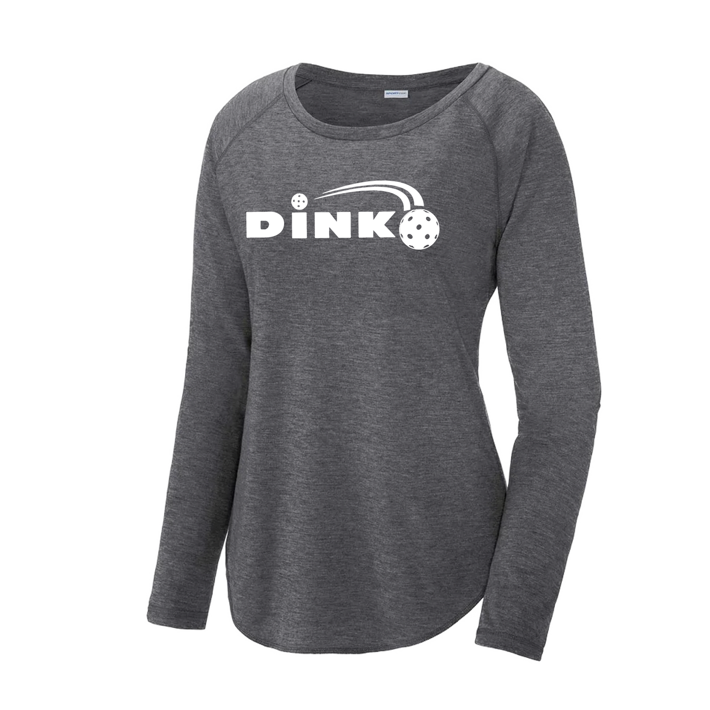 Pickleball Design: Dink  Women's Style: Long Sleeve Scoop-Neck  Turn up the volume in this Women's shirt with its perfect mix of softness and attitude. Material is ultra-comfortable with moisture wicking properties and tri-blend softness. PosiCharge technology locks in color. Highly breathable and lightweight.