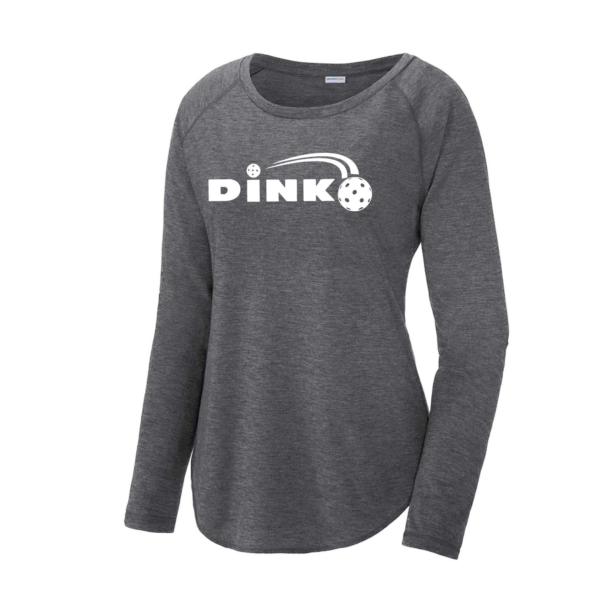 Pickleball Design: Dink  Women's Style: Long Sleeve Scoop-Neck  Turn up the volume in this Women's shirt with its perfect mix of softness and attitude. Material is ultra-comfortable with moisture wicking properties and tri-blend softness. PosiCharge technology locks in color. Highly breathable and lightweight.