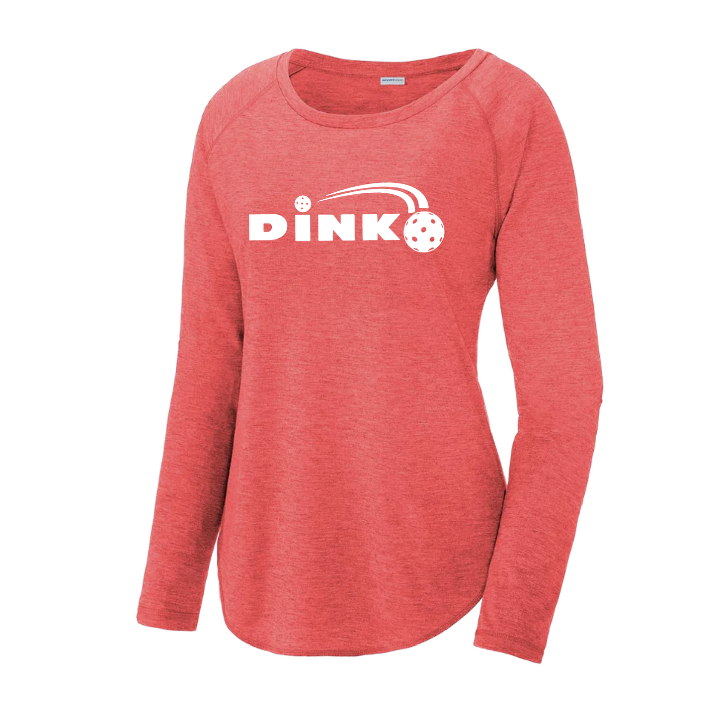 Pickleball Design: Dink  Women's Style: Long Sleeve Scoop-Neck  Turn up the volume in this Women's shirt with its perfect mix of softness and attitude. Material is ultra-comfortable with moisture wicking properties and tri-blend softness. PosiCharge technology locks in color. Highly breathable and lightweight.