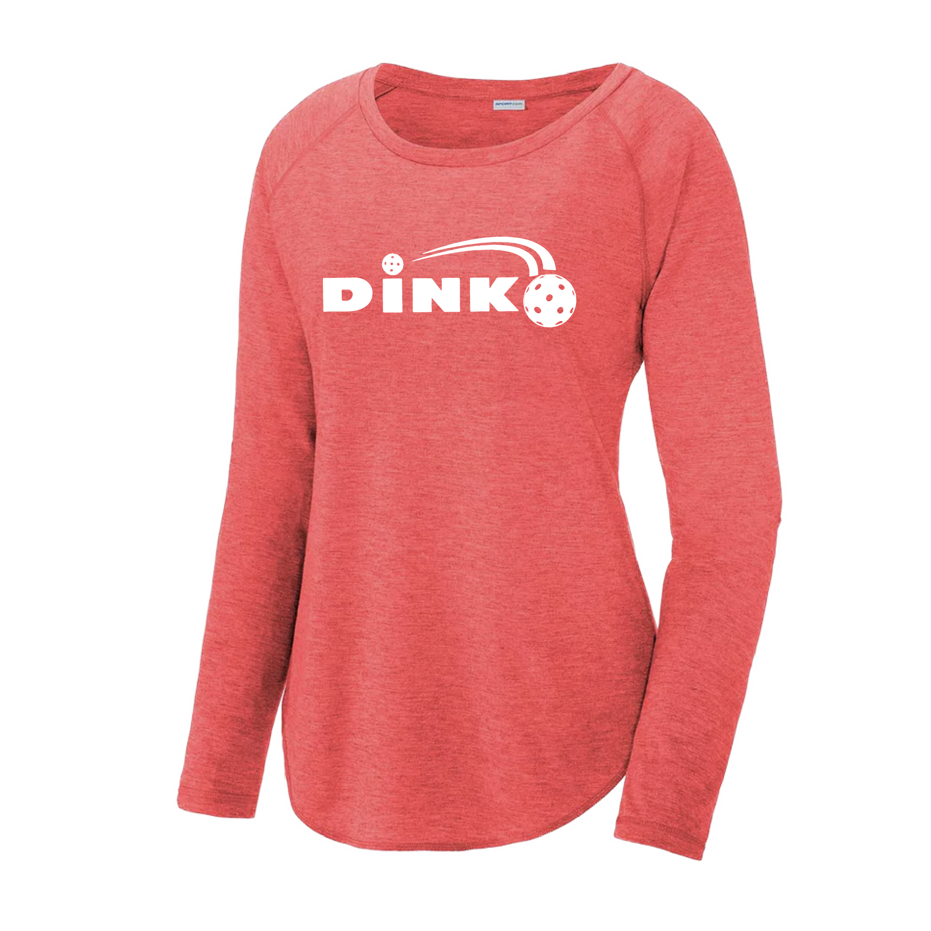 Pickleball Design: Dink  Women's Style: Long Sleeve Scoop-Neck  Turn up the volume in this Women's shirt with its perfect mix of softness and attitude. Material is ultra-comfortable with moisture wicking properties and tri-blend softness. PosiCharge technology locks in color. Highly breathable and lightweight.