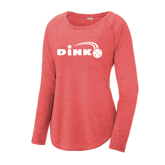 Pickleball Design: Dink  Women's Style: Long Sleeve Scoop-Neck  Turn up the volume in this Women's shirt with its perfect mix of softness and attitude. Material is ultra-comfortable with moisture wicking properties and tri-blend softness. PosiCharge technology locks in color. Highly breathable and lightweight.