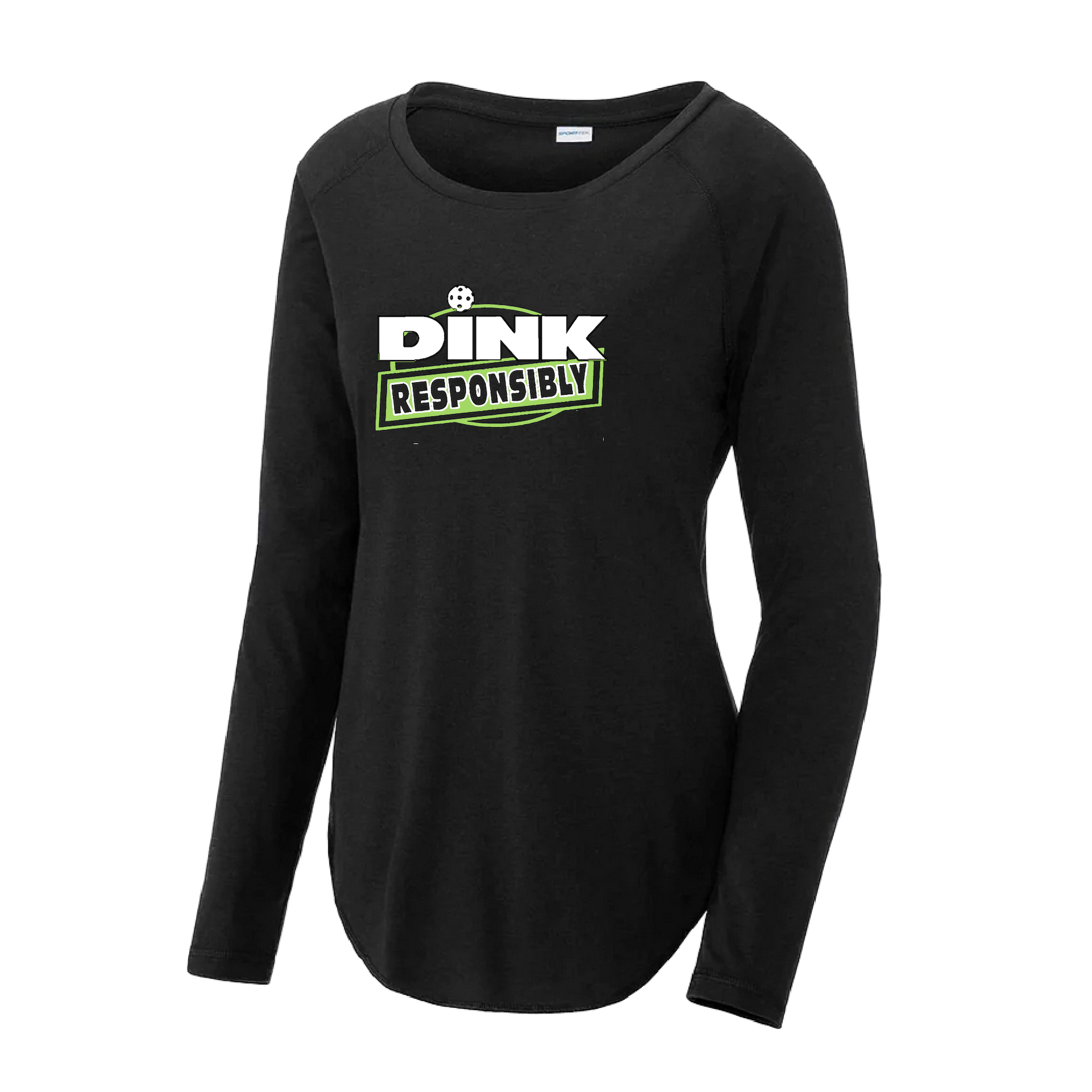 Pickleball Design: Dink Responsibly  Women's Style: Long Sleeve Scoop-Neck  Turn up the volume in this Women's shirt with its perfect mix of softness and attitude. Material is ultra-comfortable with moisture wicking properties and tri-blend softness. PosiCharge technology locks in color. Highly breathable and lightweight.