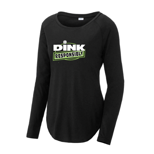 Pickleball Design: Dink Responsibly  Women's Style: Long Sleeve Scoop-Neck  Turn up the volume in this Women's shirt with its perfect mix of softness and attitude. Material is ultra-comfortable with moisture wicking properties and tri-blend softness. PosiCharge technology locks in color. Highly breathable and lightweight.