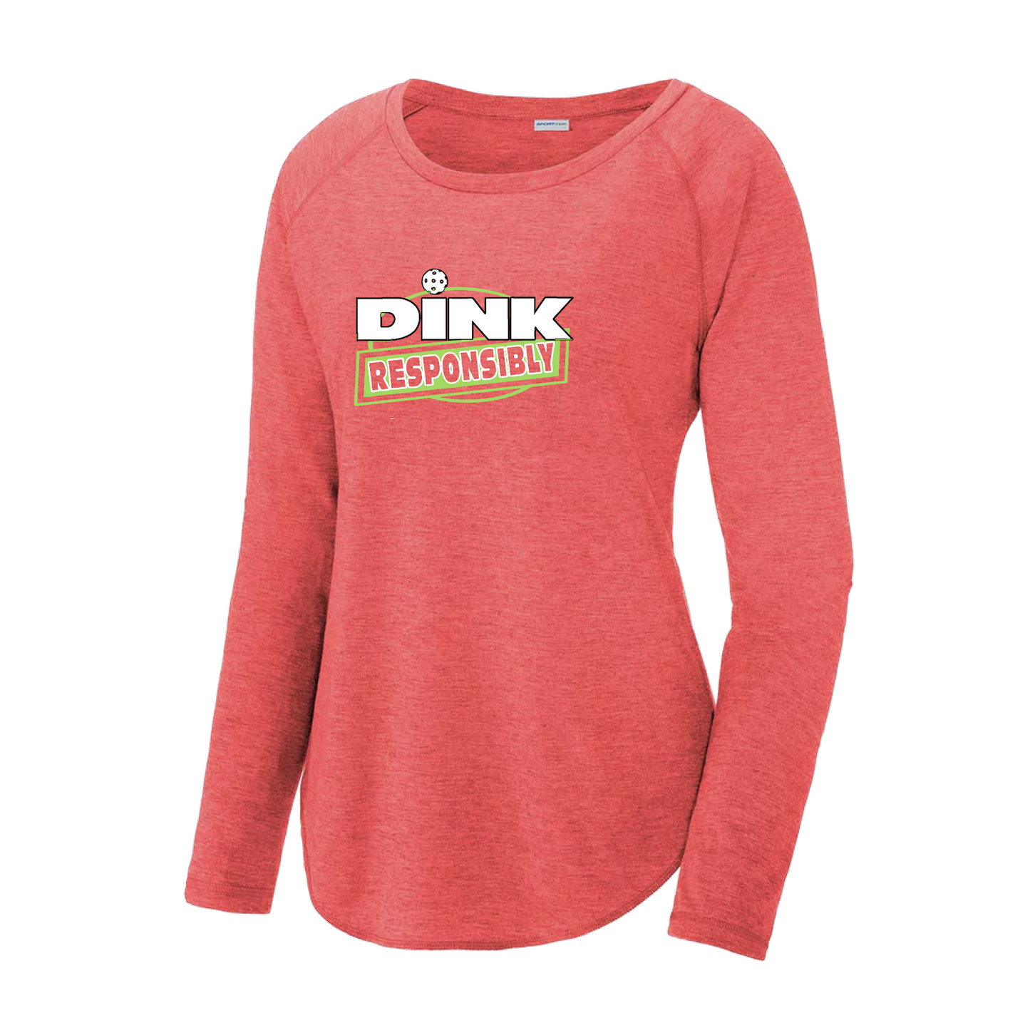 Pickleball Design: Dink Responsibly  Women's Style: Long Sleeve Scoop-Neck  Turn up the volume in this Women's shirt with its perfect mix of softness and attitude. Material is ultra-comfortable with moisture wicking properties and tri-blend softness. PosiCharge technology locks in color. Highly breathable and lightweight.