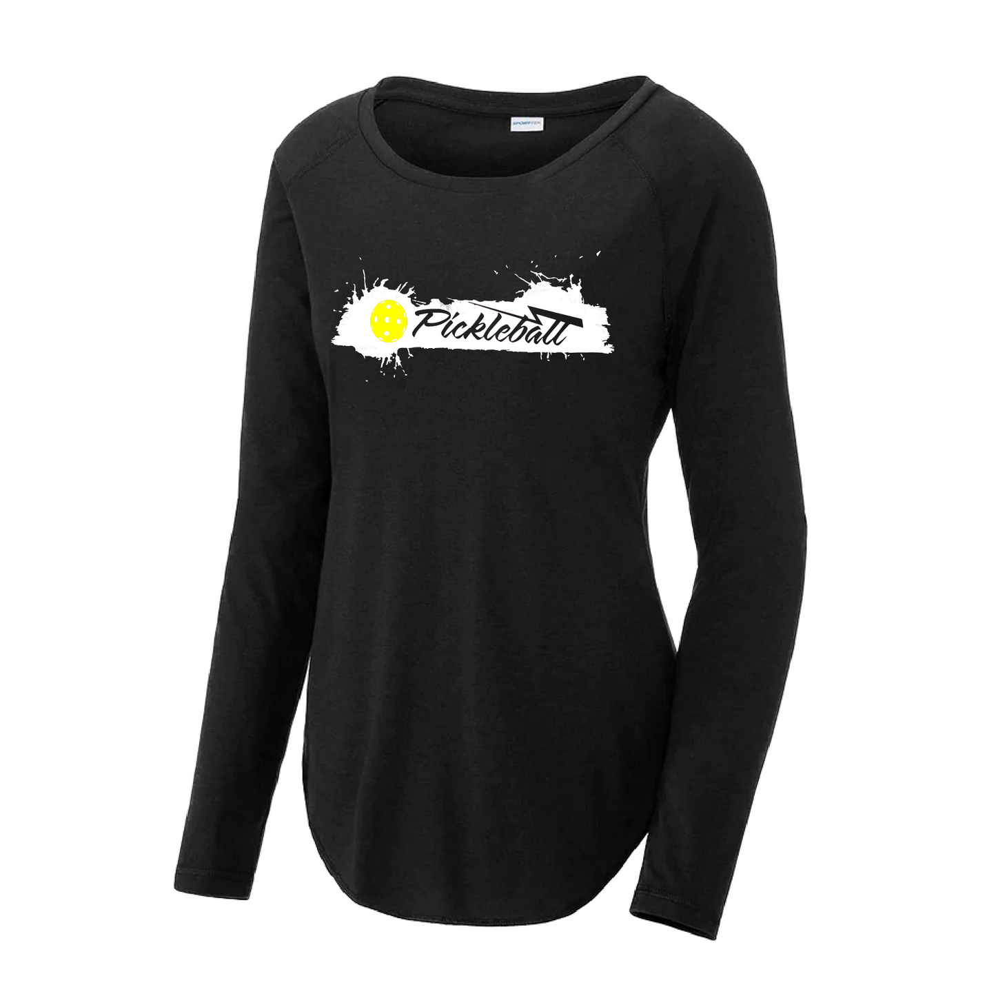 Pickleball Design: Extreme  Women's Style: Long Sleeve Scoop-Neck  Turn up the volume in this Women's shirt with its perfect mix of softness and attitude. Material is ultra-comfortable with moisture wicking properties and tri-blend softness. PosiCharge technology locks in color. Highly breathable and lightweight.