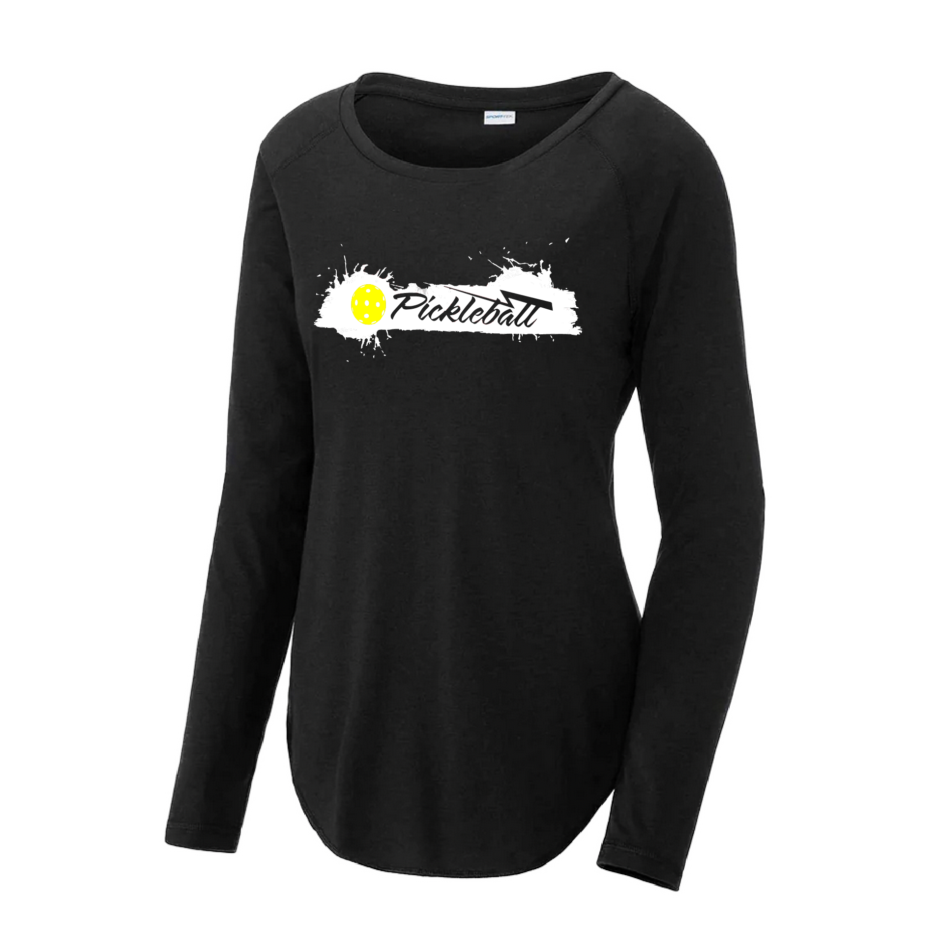 Pickleball Design: Extreme  Women's Style: Long Sleeve Scoop-Neck  Turn up the volume in this Women's shirt with its perfect mix of softness and attitude. Material is ultra-comfortable with moisture wicking properties and tri-blend softness. PosiCharge technology locks in color. Highly breathable and lightweight.