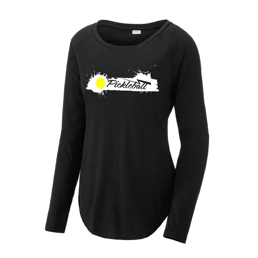 Pickleball Design: Extreme  Women's Style: Long Sleeve Scoop-Neck  Turn up the volume in this Women's shirt with its perfect mix of softness and attitude. Material is ultra-comfortable with moisture wicking properties and tri-blend softness. PosiCharge technology locks in color. Highly breathable and lightweight.