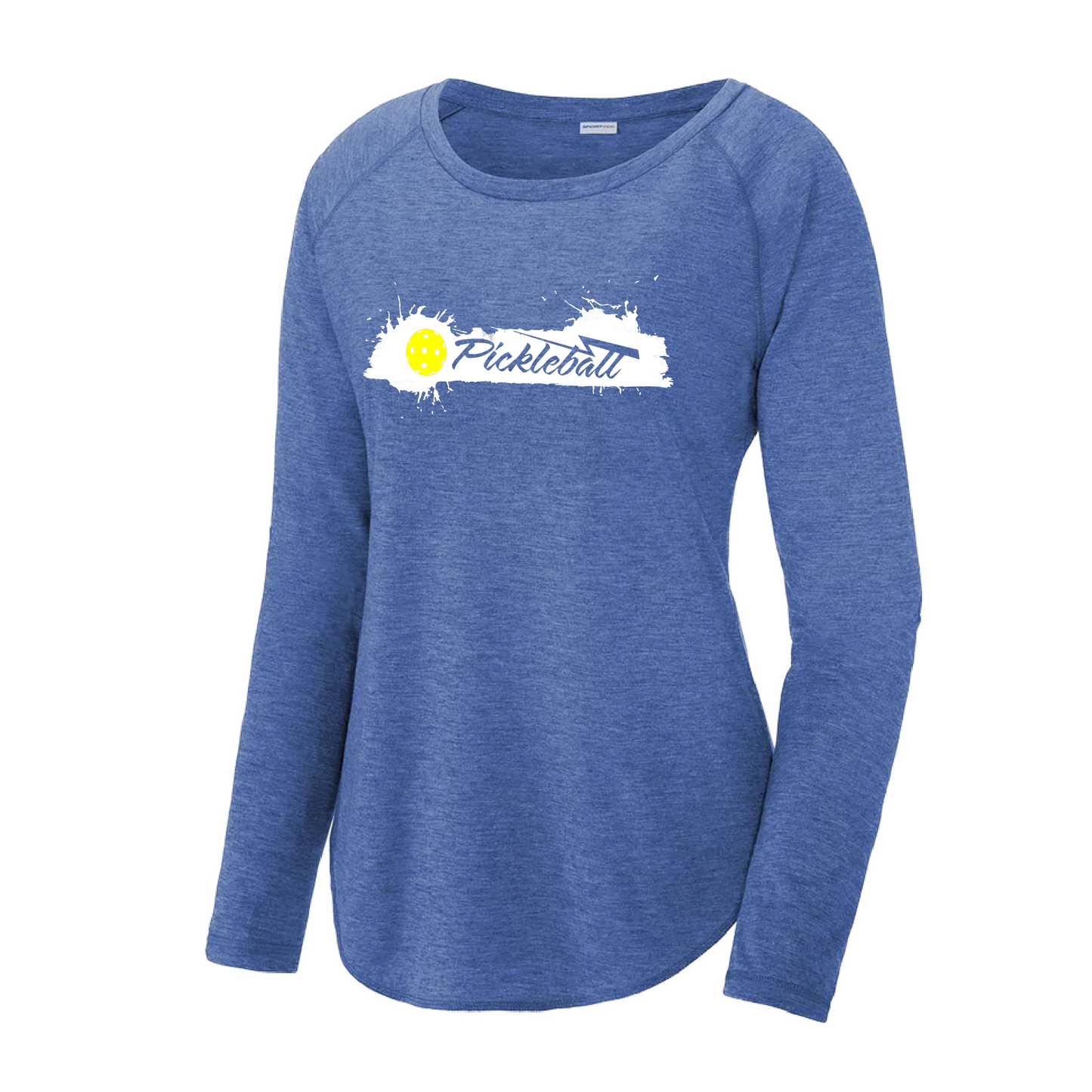 Pickleball Design: Extreme  Women's Style: Long Sleeve Scoop-Neck  Turn up the volume in this Women's shirt with its perfect mix of softness and attitude. Material is ultra-comfortable with moisture wicking properties and tri-blend softness. PosiCharge technology locks in color. Highly breathable and lightweight.