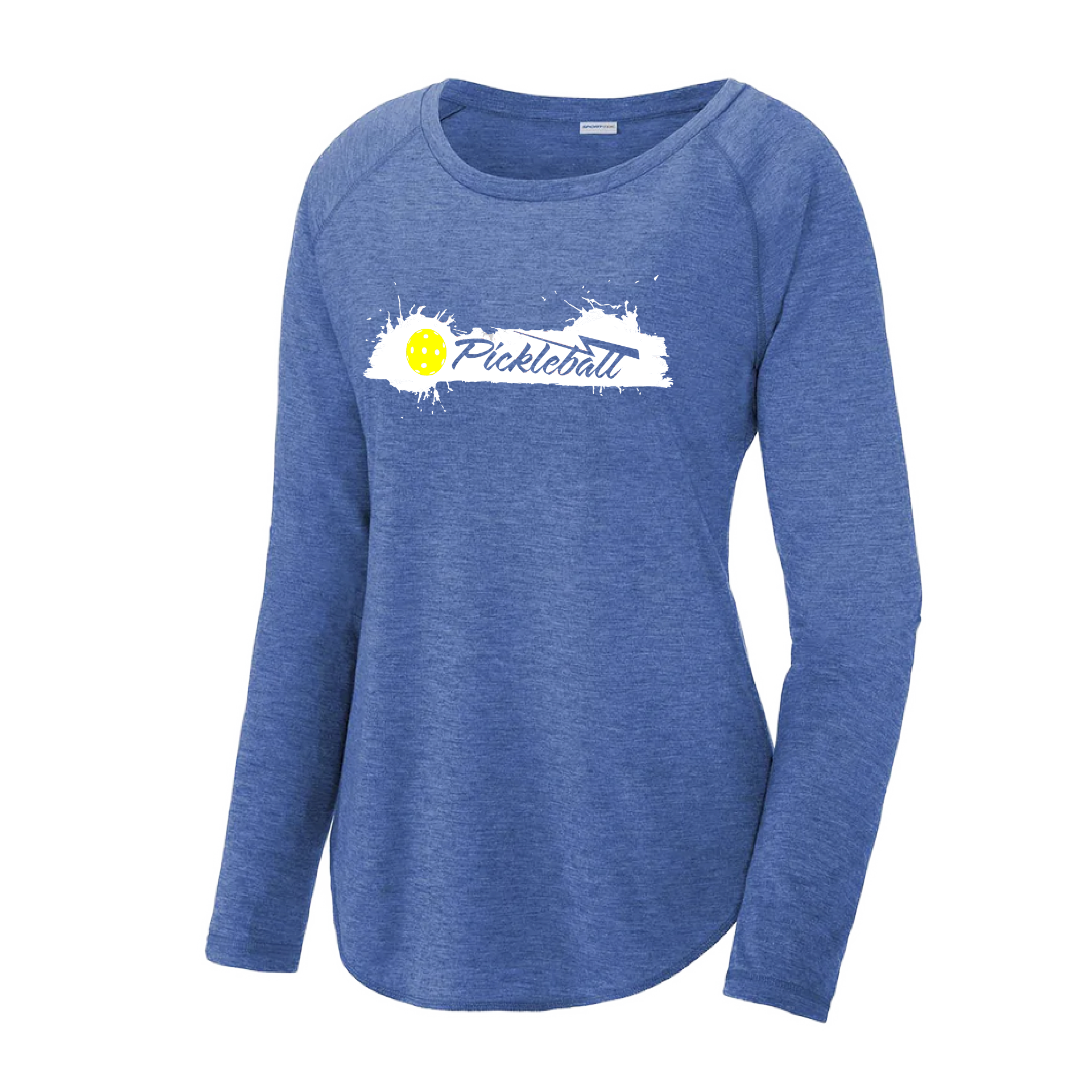 Pickleball Design: Extreme  Women's Style: Long Sleeve Scoop-Neck  Turn up the volume in this Women's shirt with its perfect mix of softness and attitude. Material is ultra-comfortable with moisture wicking properties and tri-blend softness. PosiCharge technology locks in color. Highly breathable and lightweight.